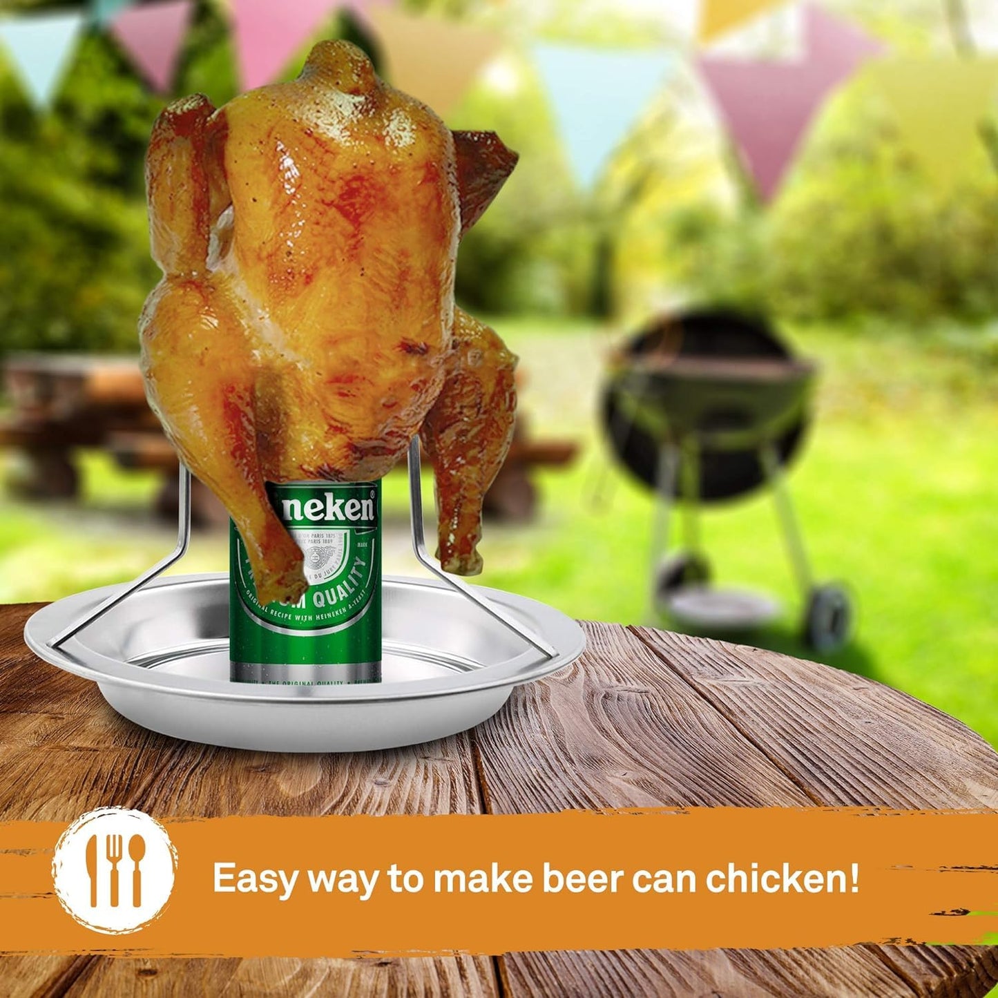 XFLYP Pollo Barbacoa Soporte, Posavasos de Acero Inoxidable para Pollo con Bandeja de Goteo, Asador Vertical de Pollo, Barbacoa y Accesorio para Parrilla