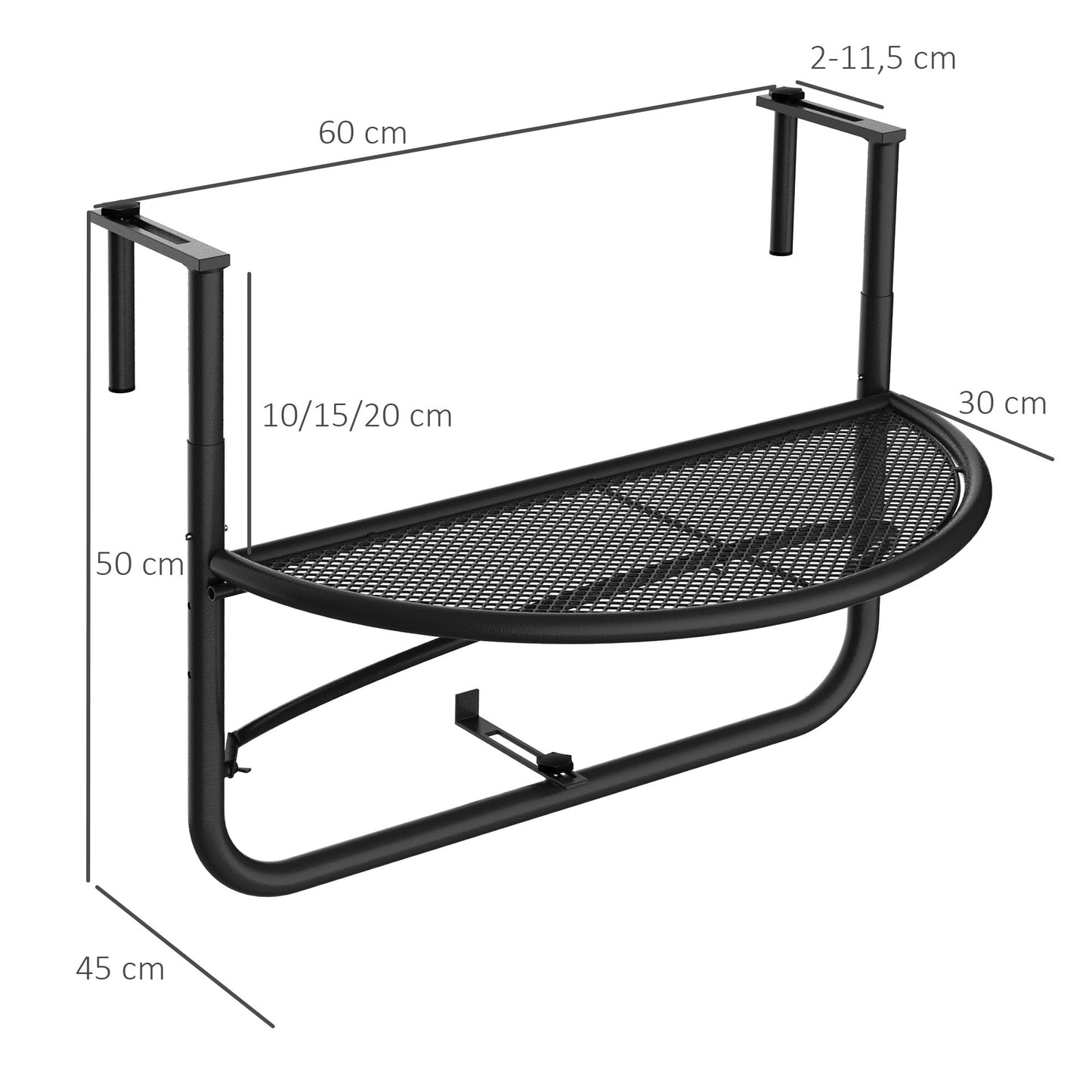 Outsunny Mesa Colgante de Balcón Semicircular 60x45x50 cm Ajustable en Altura Simple y Conveniente para Barandilla de Balcón Terraza Patio