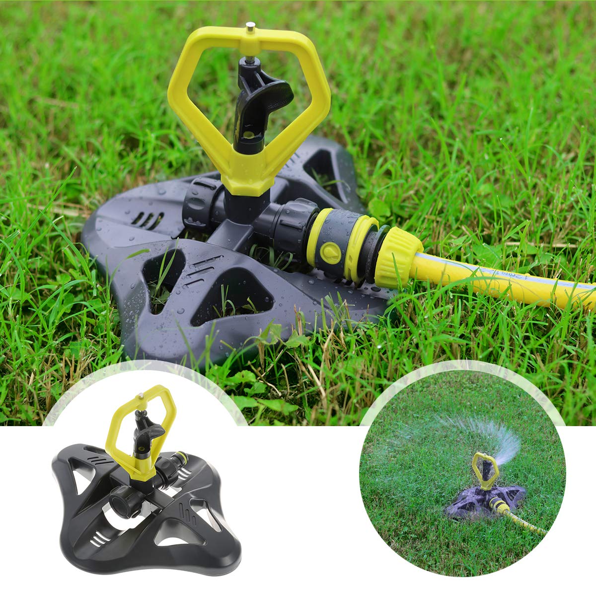 DEWINNER Aspersor de Jardín Automático, Aspersor Giratorio de Césped de 360 °, Suministros de Jardinería Ajustables, Sistema de Riego con Boquilla de 3 Brazos para Equipos
