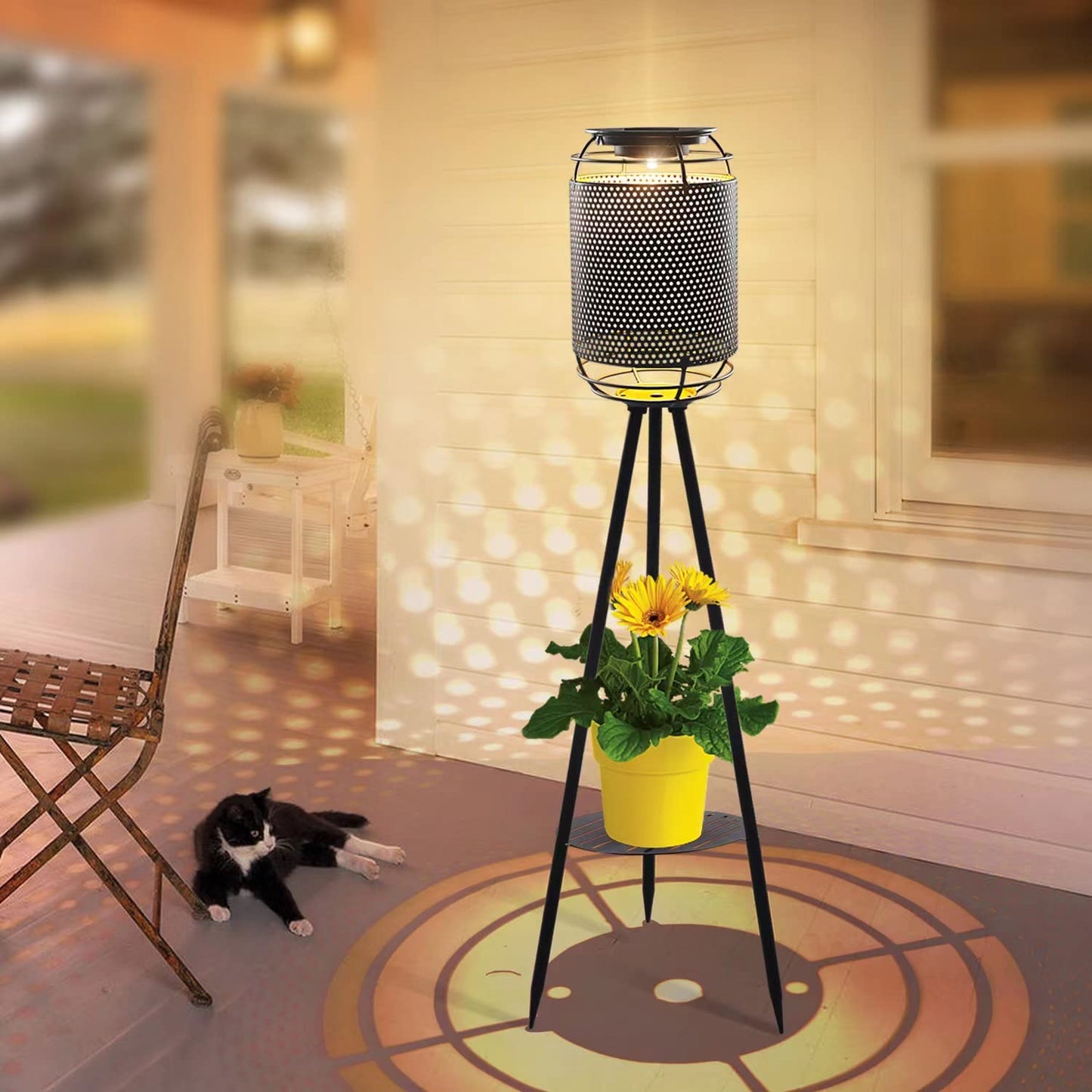 JJALIGHTS Lámpara solar de pie con tres patas, resistente al agua, LED, para patio, cubierta, césped, patio, jardín, camino (negro)