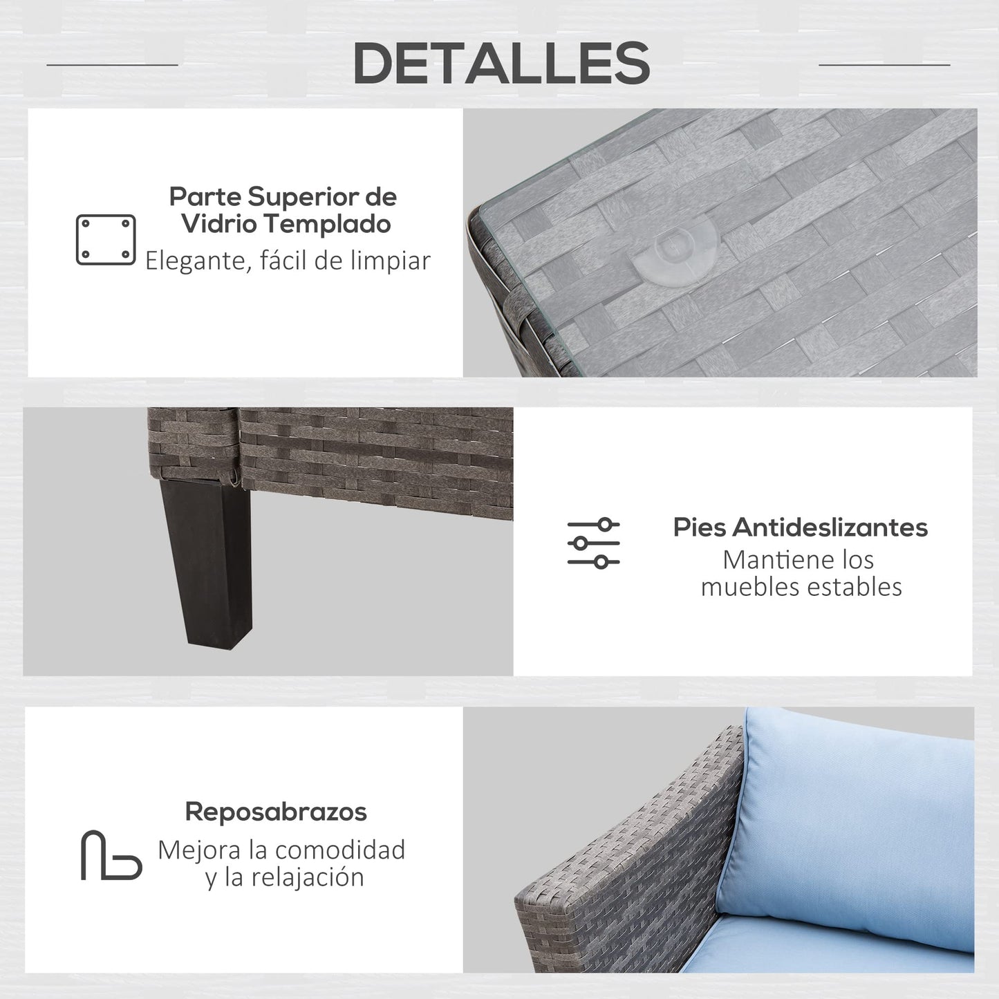 Outsunny Conjunto de Jardín de Ratán Sintético de 4 Piezas Muebles de Jardín con 2 Sofás de 2 Plazas 1 Mesa de Centro y Cojines Anti-UV para Patio Terraza Gris y Azul