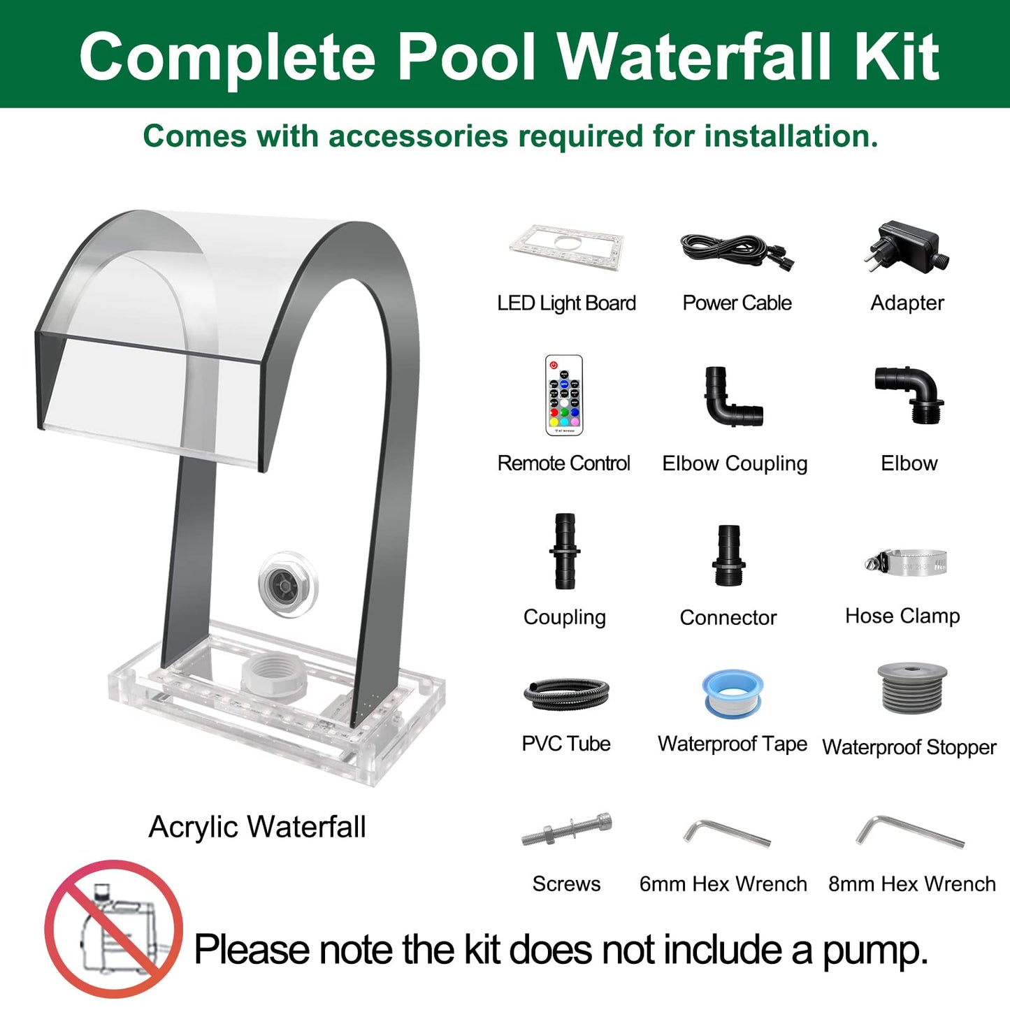 LONGRUN Aliviadero de Cascada en Forma de S Fuente de Piscina acrílica con luz LED Que Cambia de Color, Kit de cascadas de estanques al Aire Libre para Piscina de Patio de jardín - 15x32x20cm