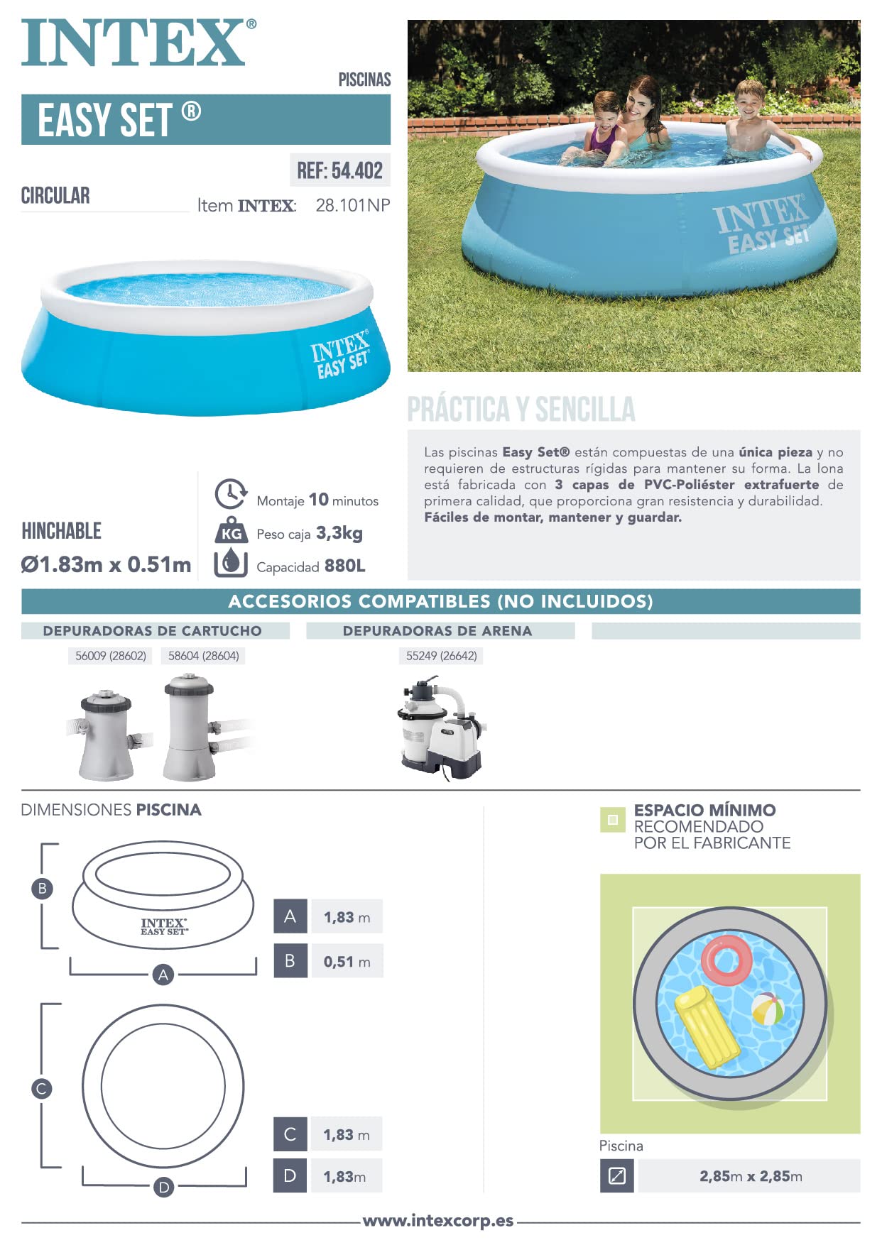 Intex 54402 - Piscina Hinchable, Ø183x51 cm, 880 litros, Piscina Redonda, para 2 Personas