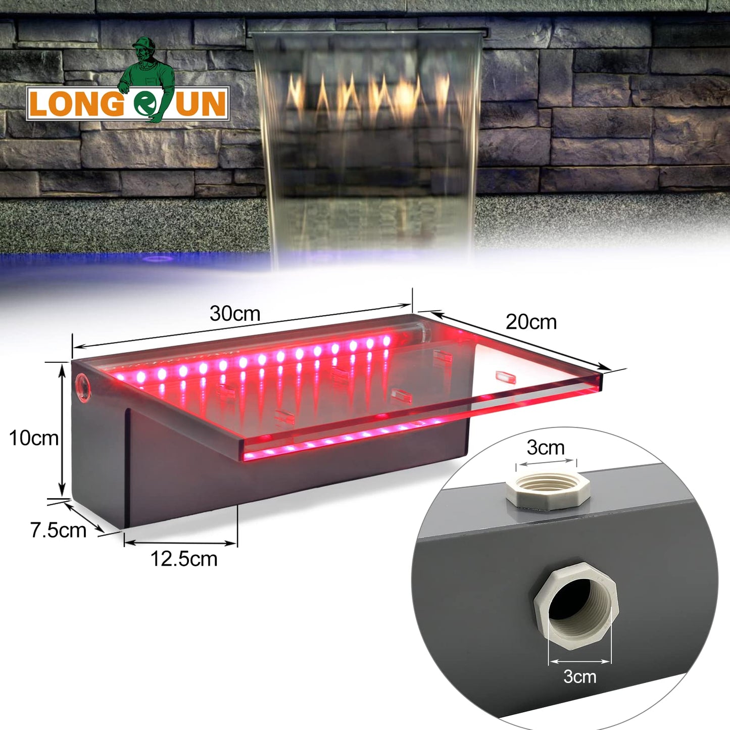 LONGRUN Aliviadero de Cascada Fuente de Piscina al Aire Libre con luz LED Multicolor, Kit de Fuentes de cascadas de Estanque Koi de aliviadero de Agua acrílica-30 cm x 20 cm x 10 cm