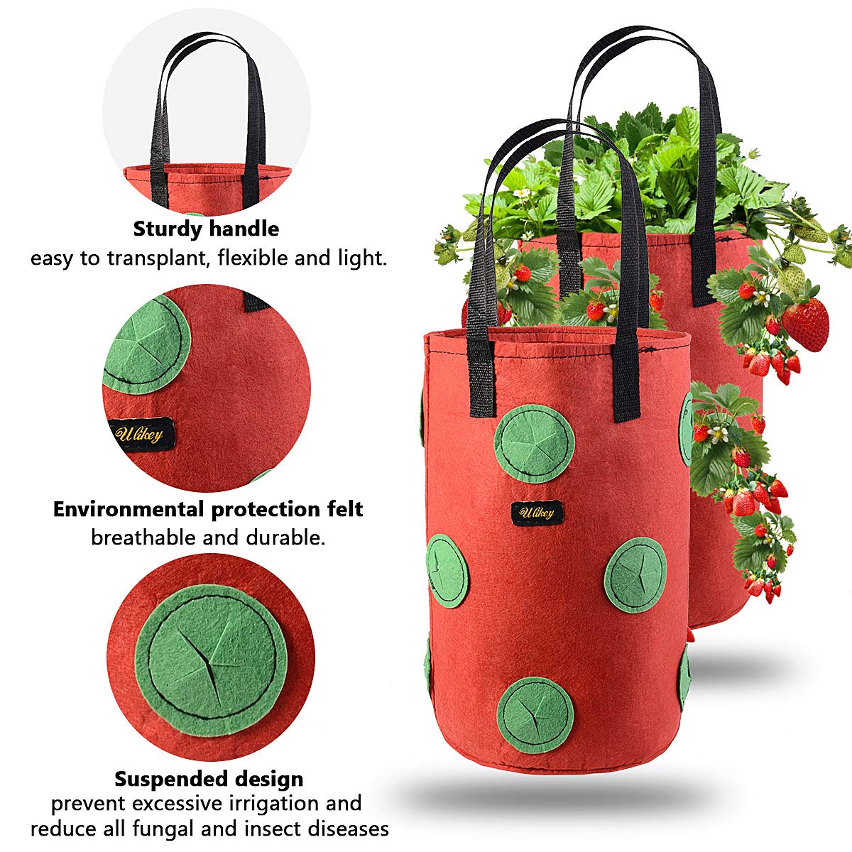 Ulikey 2Pcs Bolsas de Cultivo de Fresa, 3 Gallones Bolsa para Plantas Fresas Bolsa de Macetas Colgantes con Asas No Tejidos Transpirables con 13 Agujeros para Papas, Tomates y Fresas (2pcs - Rojo)