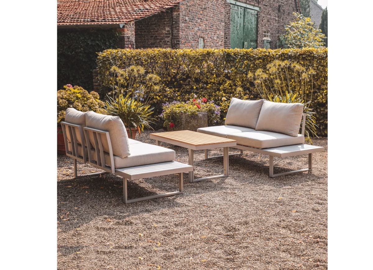 Greemotion Conjunto Muebles de Jardín Aruba 3 Piezas, Juego de Sofá Esquinero de Aluminio para 4 Personas con Mesa, Cojines Incluidos, Gris