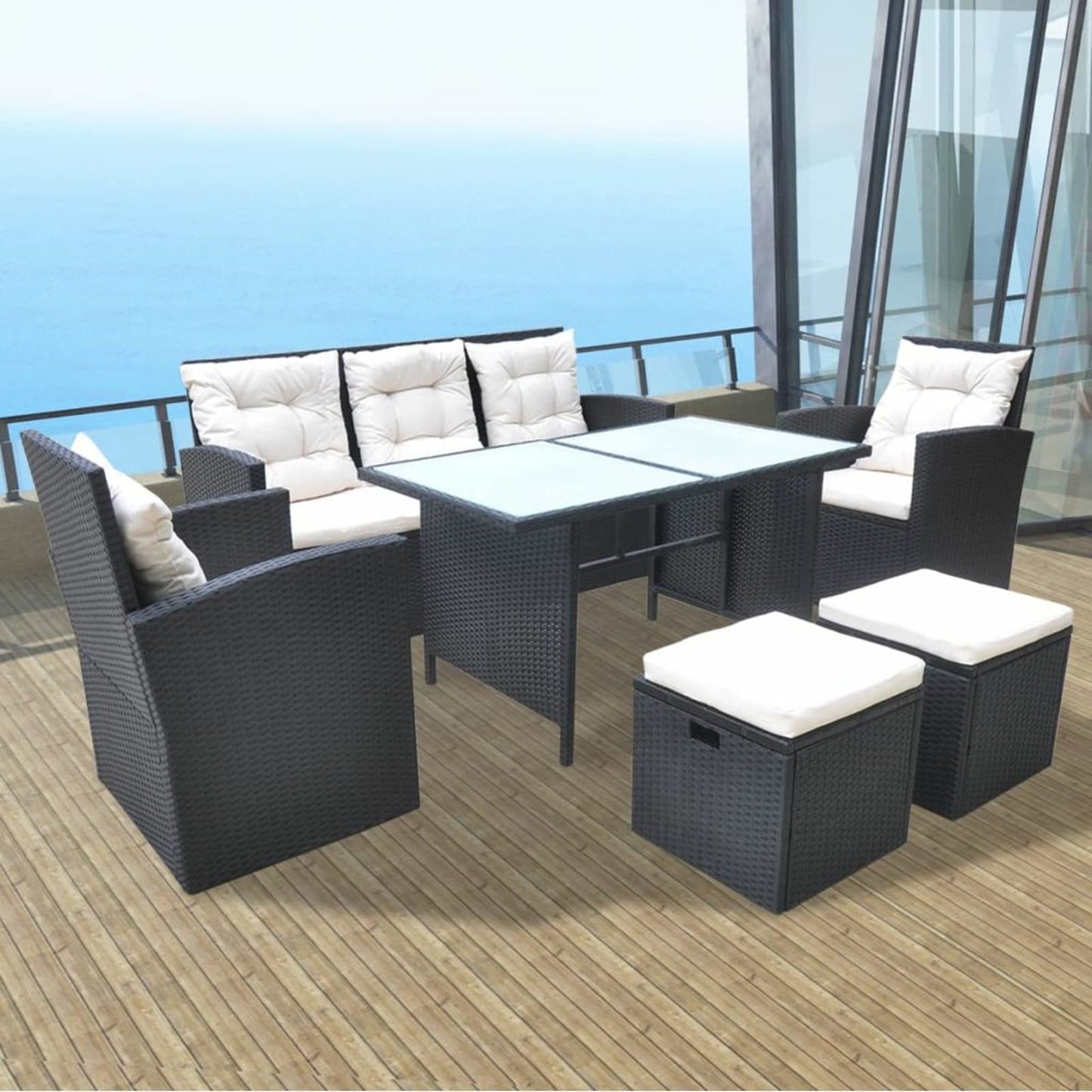 Festnjght Conjunto de Muebles de Jardín Juego Comedor de Jardín Conjunto Jardin Exterior Sofa Jardin Exterior con 1 Mesa,1 Sofá de Tres Plazas,2 Sillones, 2 Reposapiés para Patio Porche Terraza Negro