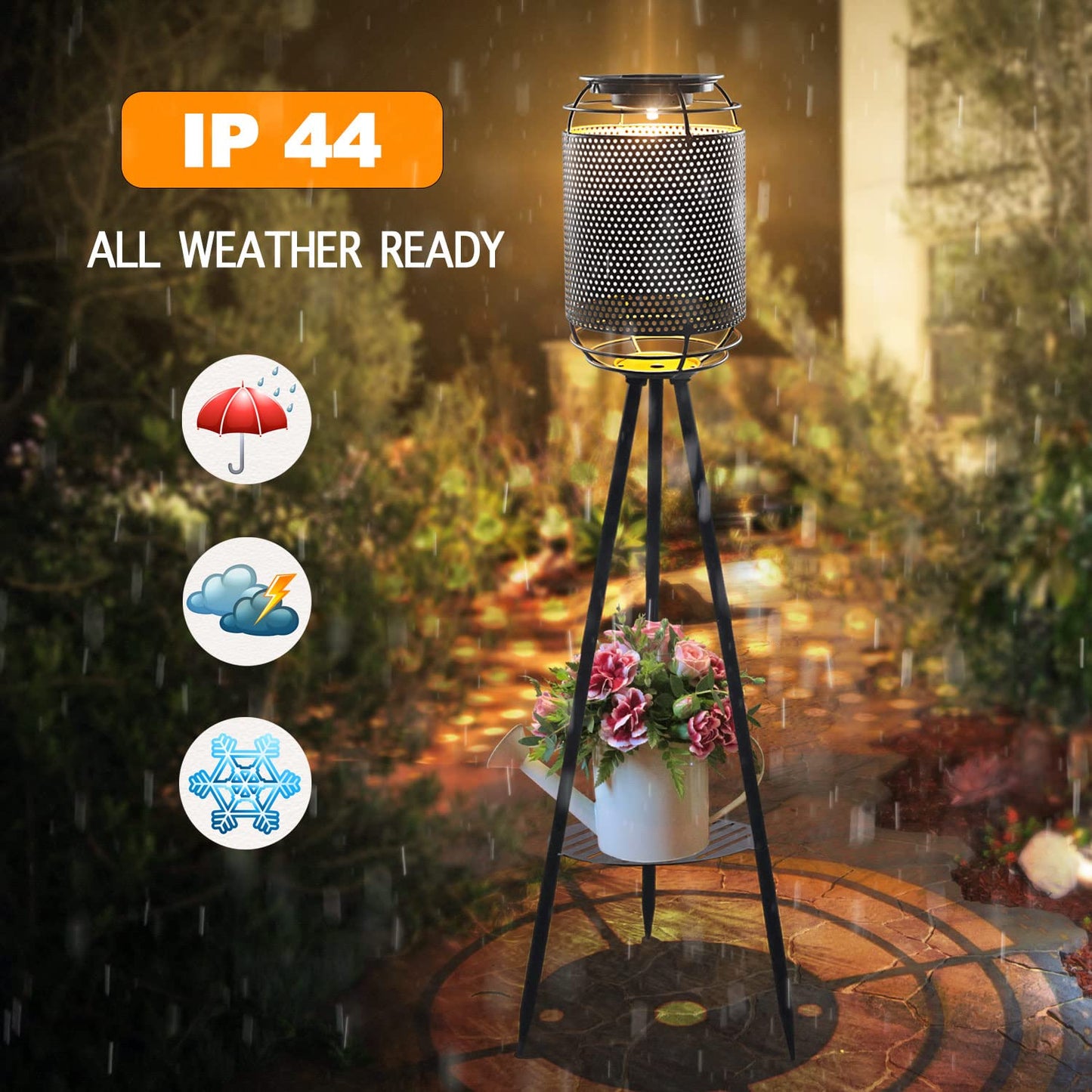 JJALIGHTS Lámpara solar de pie con tres patas, resistente al agua, LED, para patio, cubierta, césped, patio, jardín, camino (negro)