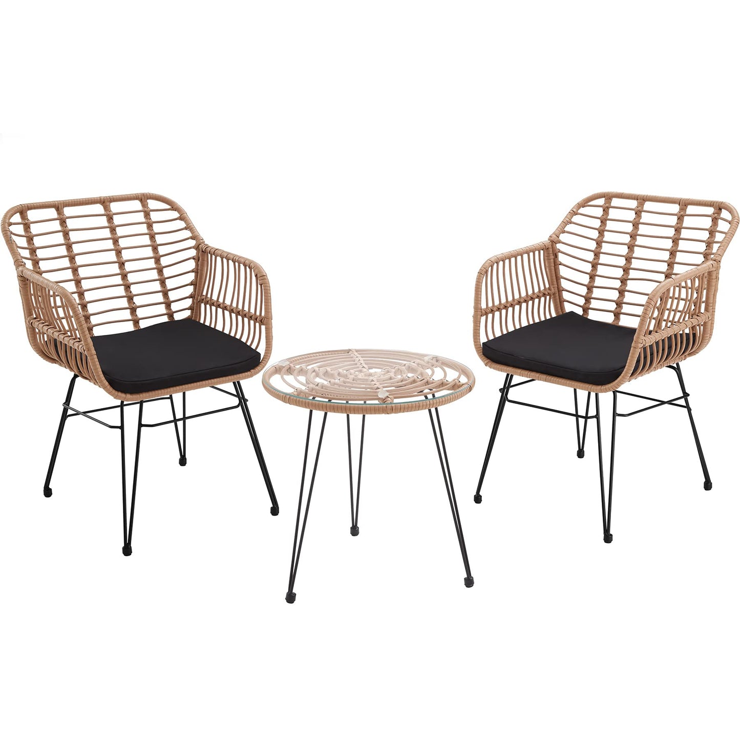 TecTake® Conjunto Jardín Exterior de Ratán y Acero para 2 Personas, Muebles Jardín Exterior Resistentes a Intemperie, 2 Sillas con Cojines (Fundas Extraíbles), 1 Mesa con Cristal - Natural