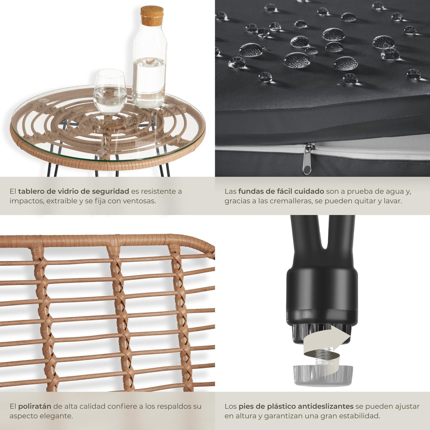 TecTake® Conjunto Jardín Exterior de Ratán y Acero para 2 Personas, Muebles Jardín Exterior Resistentes a Intemperie, 2 Sillas con Cojines (Fundas Extraíbles), 1 Mesa con Cristal - Natural