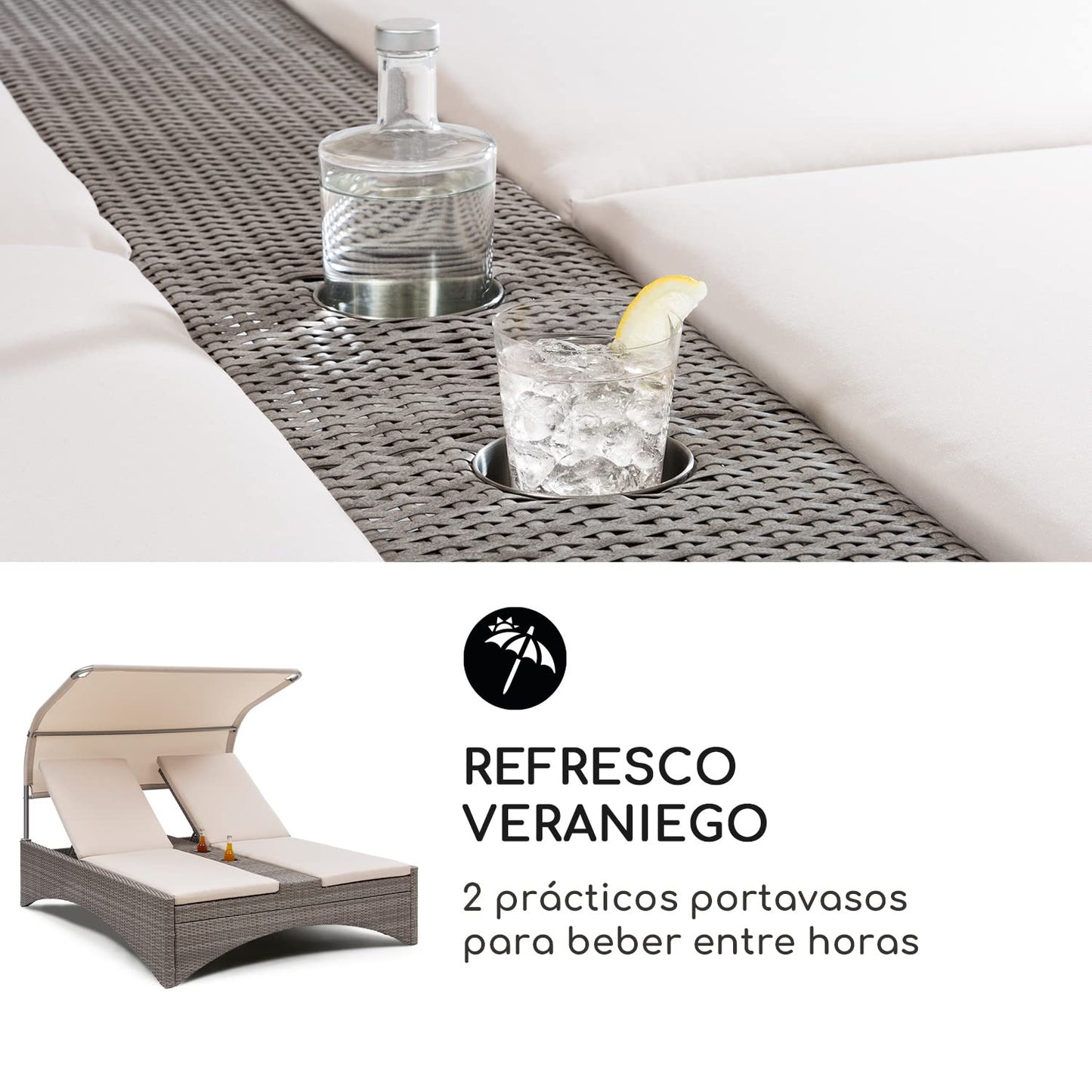 blumfeldt Cama/Tumbonas Jardin Exterior, Tumbona Doble de Ratán con Techo Solar Impermeable, para Piscina 2 Plazas, Sofá Ratán, Hamacas Respaldo Ajustable