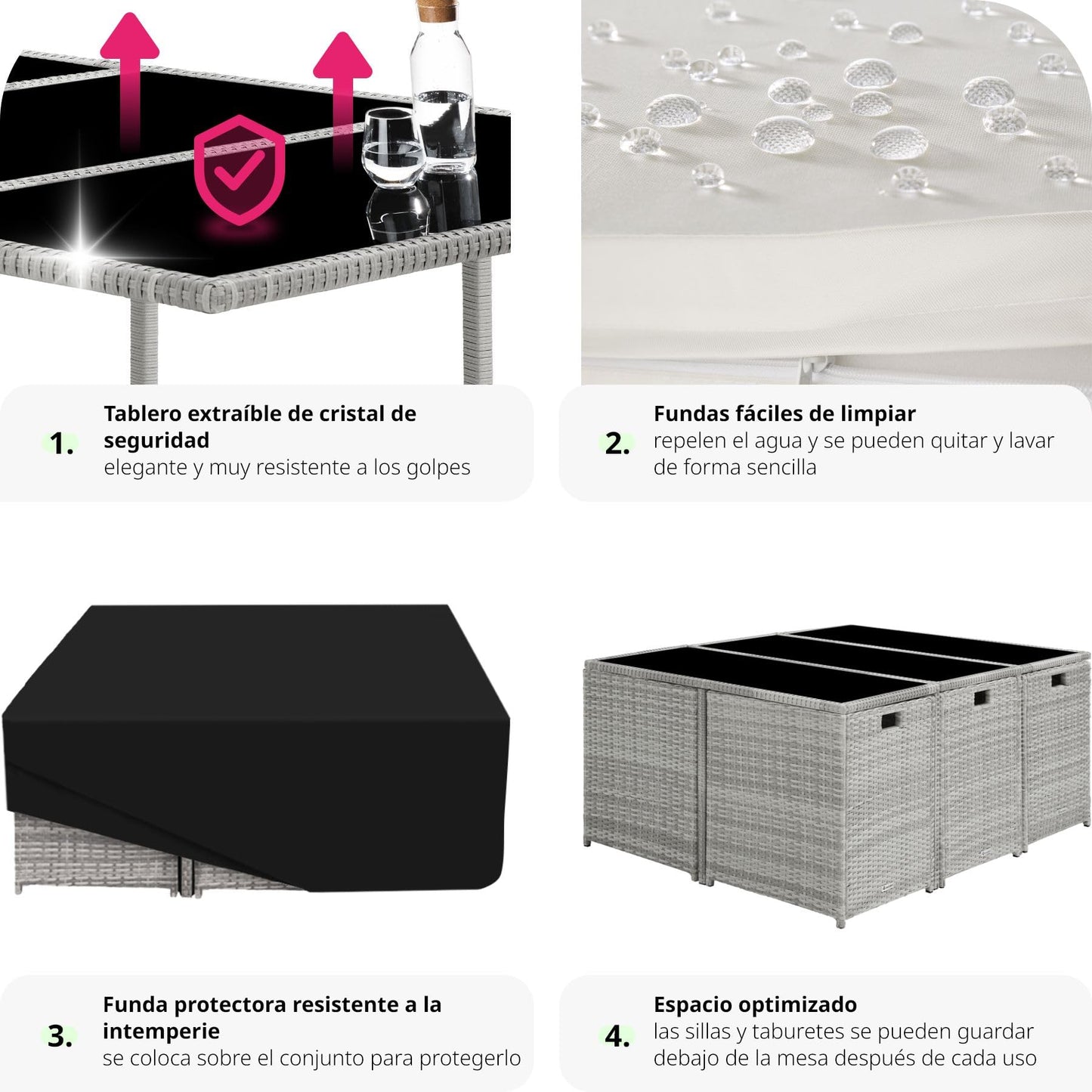 TecTake® Conjunto Jardín Exterior de Ratán y Acero, Agrupable en Cubo, Muebles Jardín Exterior Resistente a la Intemperie, para 6-10 Personas, Fundas Extraíbles y Funda Protectora - Gris Claro
