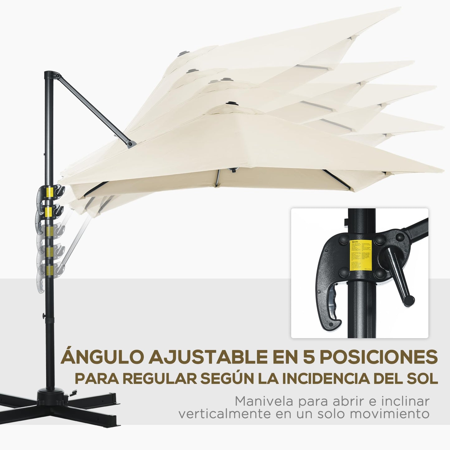 Outsunny Sombrilla de Jardín de Aluminio 245x245x245 cm Parasol Excéntrico con Manivela Giratorio 360° Inclinación de 5 Niveles Tela Desmontable Crema