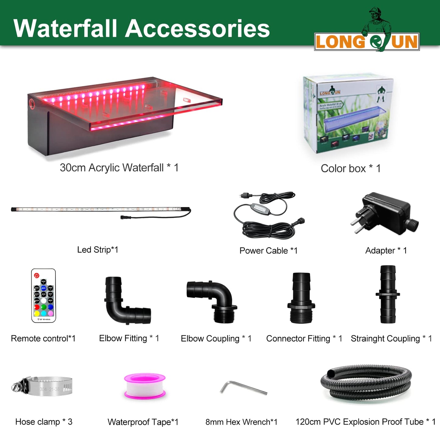 LONGRUN Aliviadero de Cascada Fuente de Piscina al Aire Libre con luz LED Multicolor, Kit de Fuentes de cascadas de Estanque Koi de aliviadero de Agua acrílica-30 cm x 20 cm x 10 cm