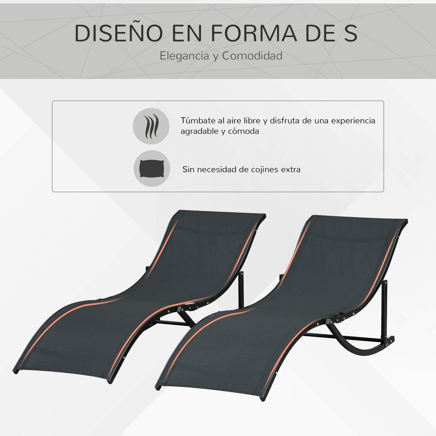 Outsunny 2 Tumbonas Plegables de Aluminio en Forma de S Ergonómica con Tela Texteline para Piscina Patio Jardín Terraza 165x61x63 cm Negro