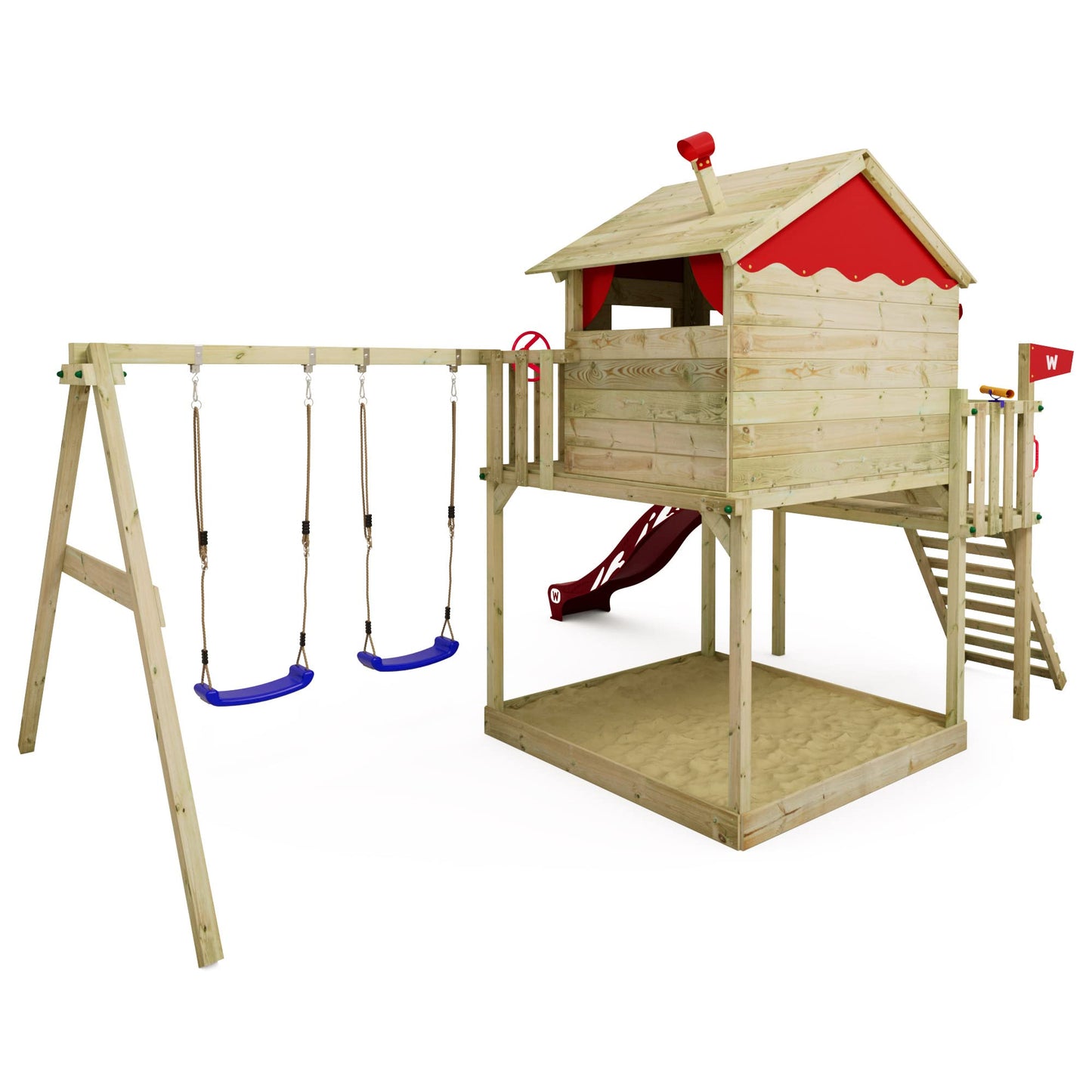 Wickey Parque Infantil Smart Coast con Columpio y tobogán Rojo, Torre de Escalada Infantil de Exterior con arenero, Escalera y Accesorios de Juego para el jardín