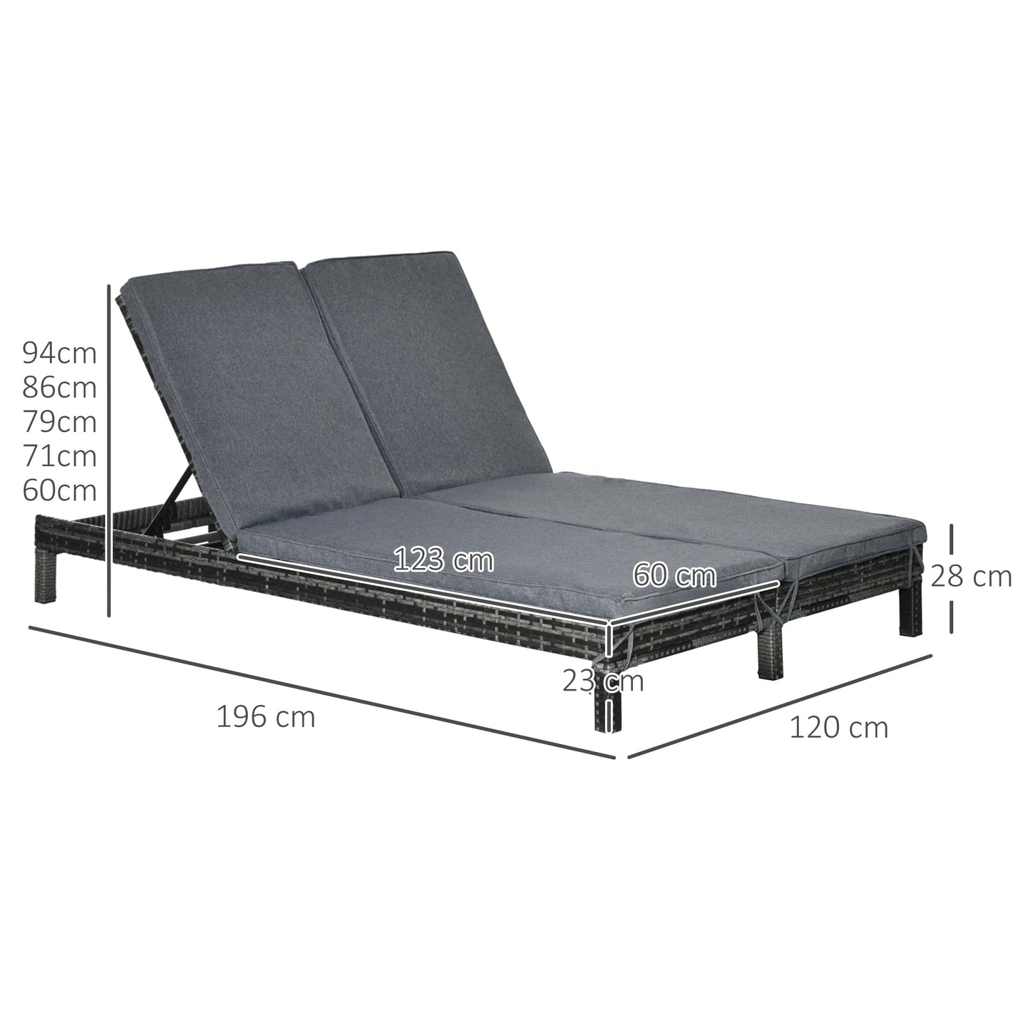 Outsunny Conjunto de Tumbona Exterior de Ratán 2 Plazas con Cojines Acolchados Resistente al Agua con Respaldo Regulable de 5 Niveles Soporta 220 kg 195x120x28 cm Gris