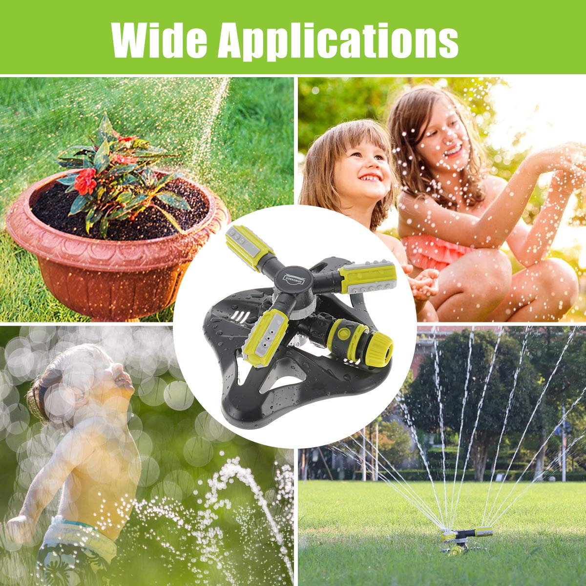 DEWINNER Aspersor de Jardín Automático, Aspersor Giratorio de Césped de 360 °, Suministros de Jardinería Ajustables, Sistema de Riego con Boquilla de 3 Brazos para Equipos
