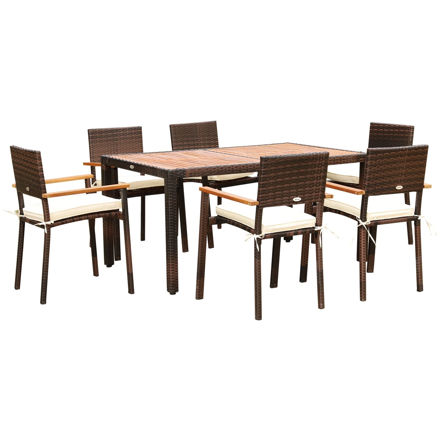 Outsunny Conjunto Muebles de Ratán Sintético para Jardín 7 Piezas Juego de Comedor de Mimbre para Exteriores con 6 Sillas con Cojines y Mesa 150x90x74 cm y 50x55x88 cm Marrón
