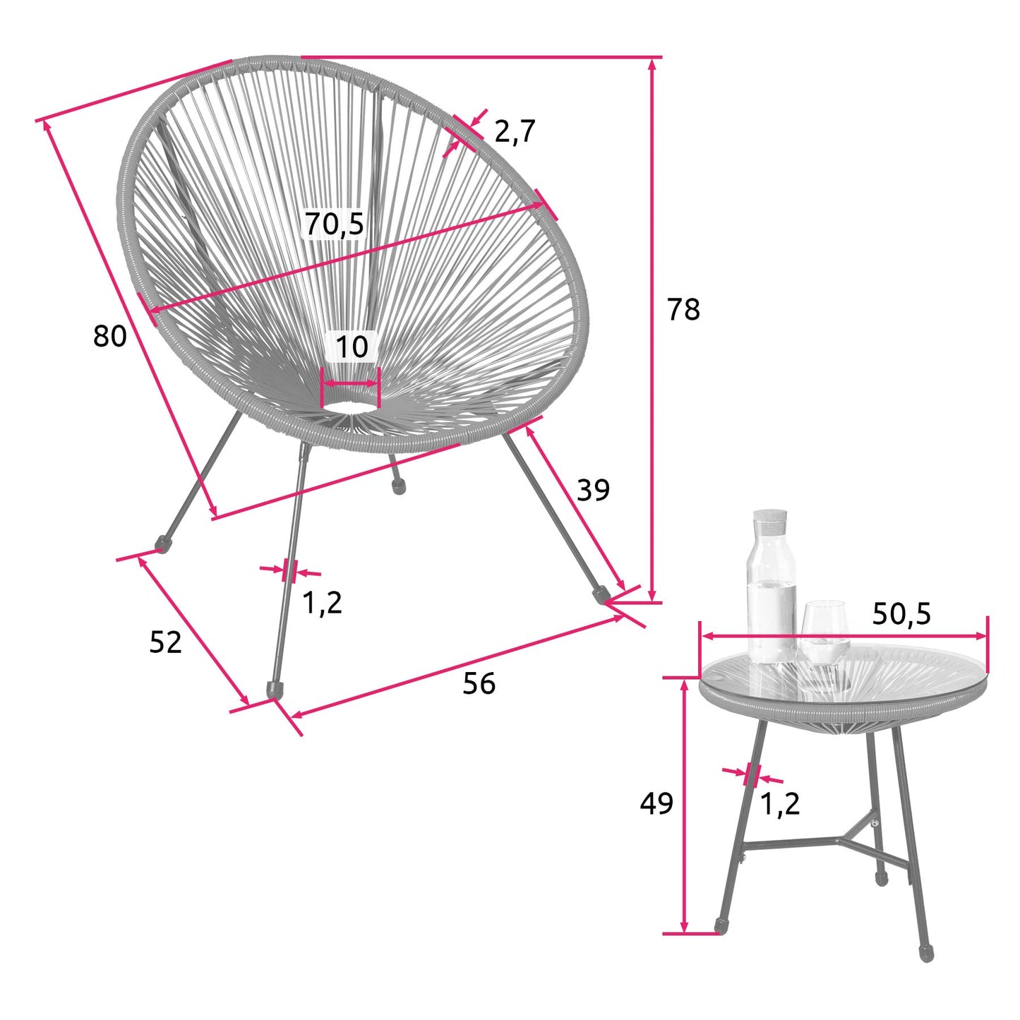 tectake® Conjunto Muebles Jardín Exterior de Acero, Estilo Acapulco, 2 Sillas y 1 Mesa con Cristal, Mesa y Sillas de Terraza Resistentes a Intemperie,Topes en Patas, para Interior y Exterior - negro