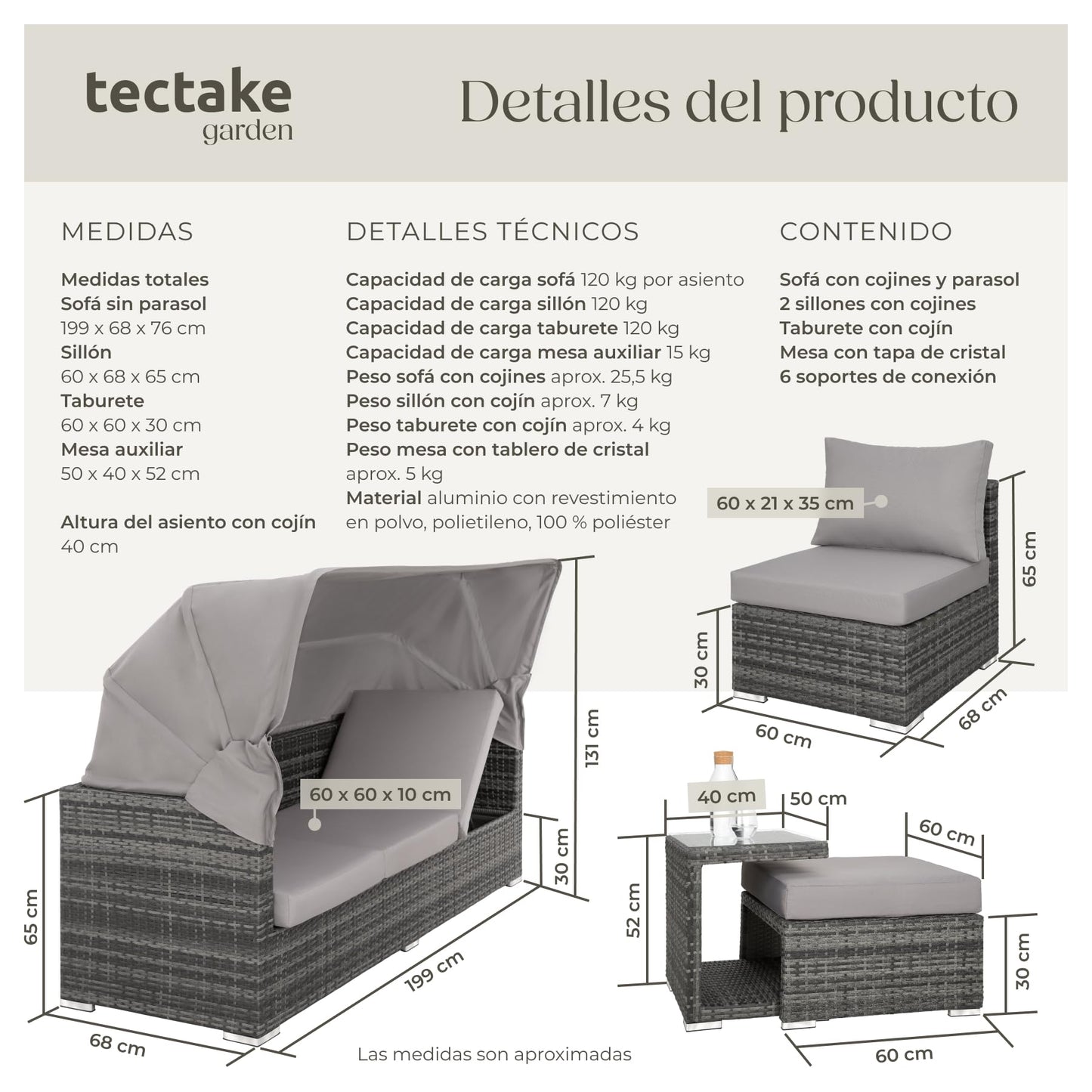 TecTake® Conjunto Jardín de Ratán con Cojines Grosor 10 cm, Muebles Jardín Exterior 2 Sofás, 2 Sillones, 1 Taburete, Conjunto Terraza Resistente a la Intemperie, Respaldo Ajustable, Sin Montaje - Gris