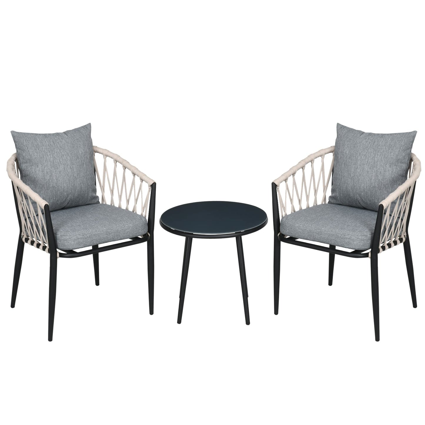 Outsunny Conjunto de Muebles de Jardín 3 Piezas Juego de Muebles de Terraza Incluye Mesa con Encimera de Vidrio Templado y 2 Sillones con Cojines Reposabrazos de Cuerda Polipropileno Gris