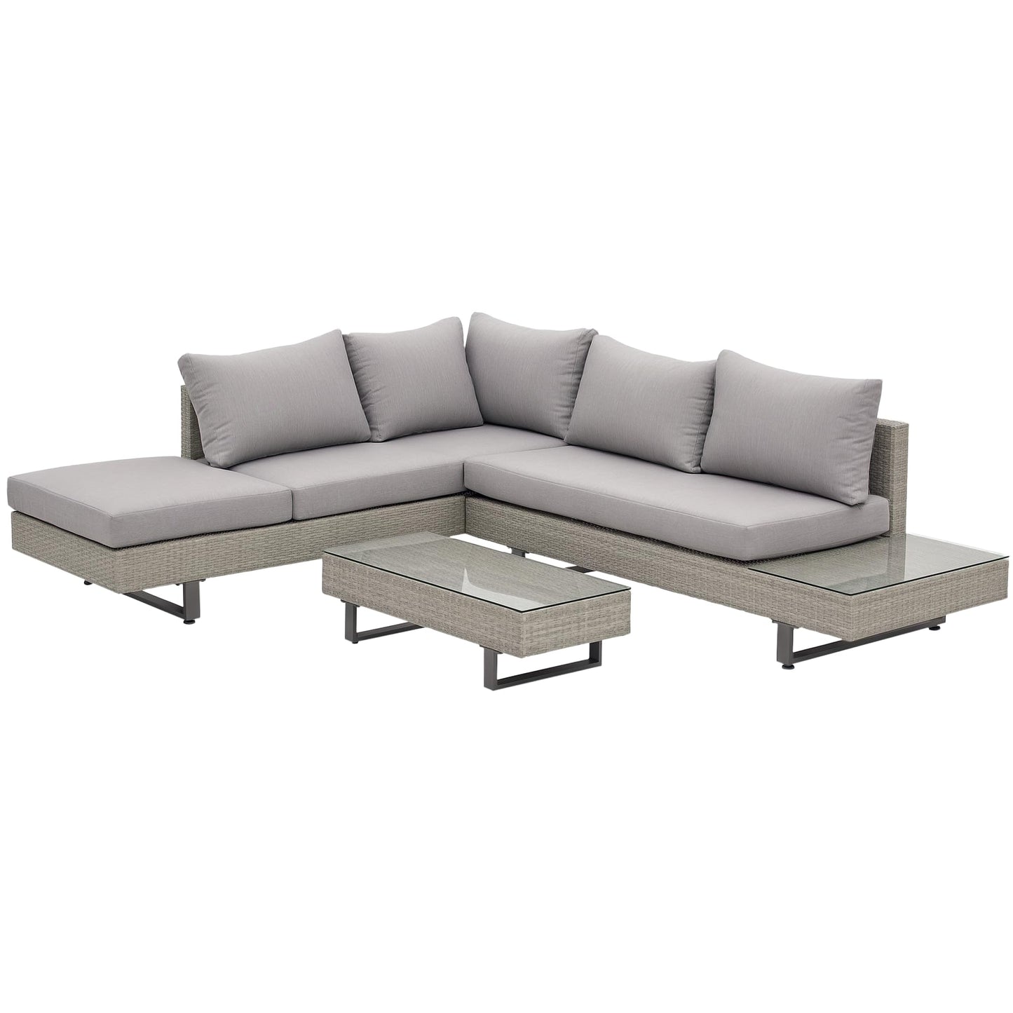 Outsunny Conjunto de Muebles Ratán de 3 Piezas Mesa de Centro Sofá Doble y Sofá de 3 Plazas con Cojines Extraíbles para Exterior Jardín Terraza Patio Acero Gris