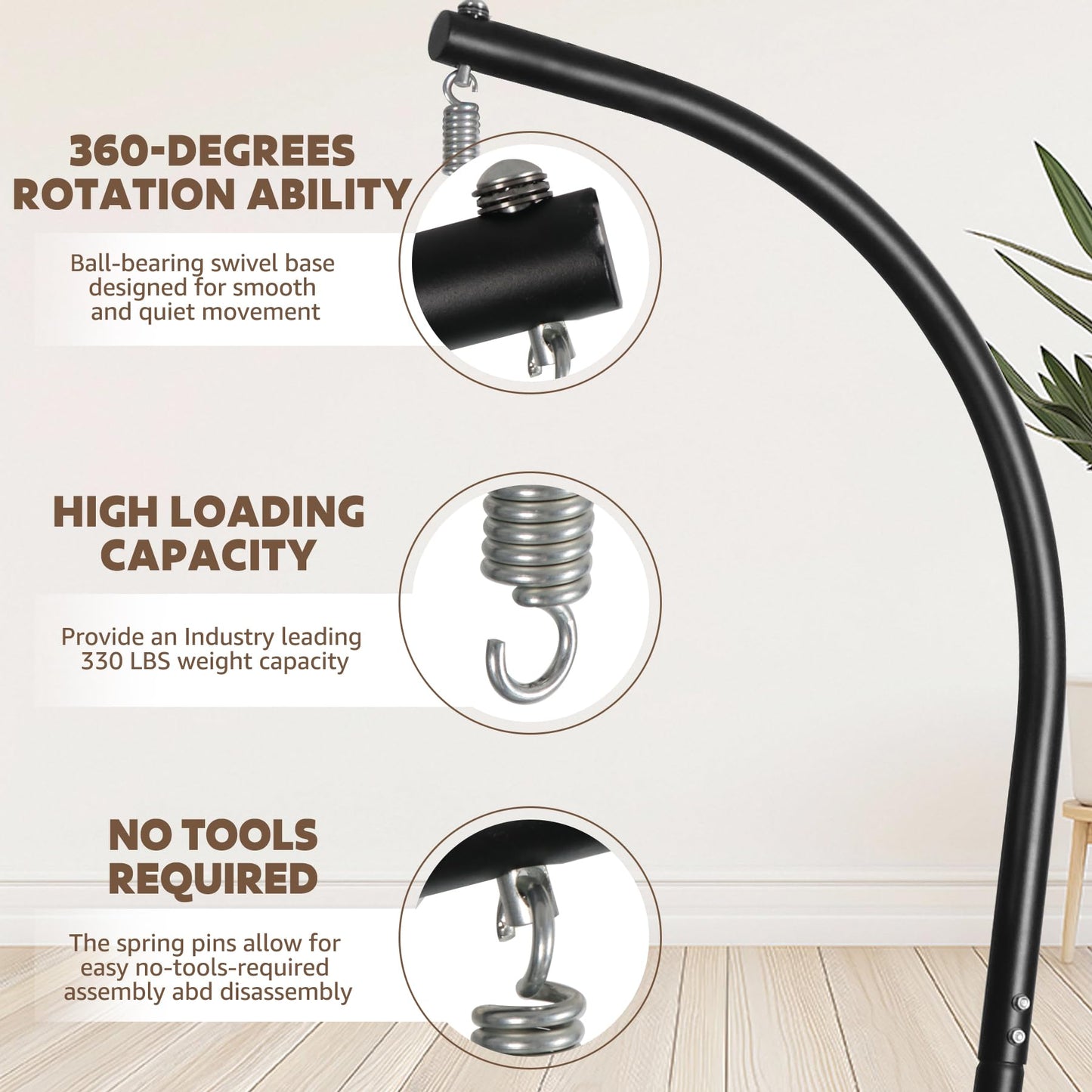 Soporte para Silla de Huevo Colgante, Marco de Silla de Hierro Resistente con Base Estable y Gancho de Resorte, Soporte Resistente de 330 Libras, Soporte para balcón, Patio, jardín al Aire Libre