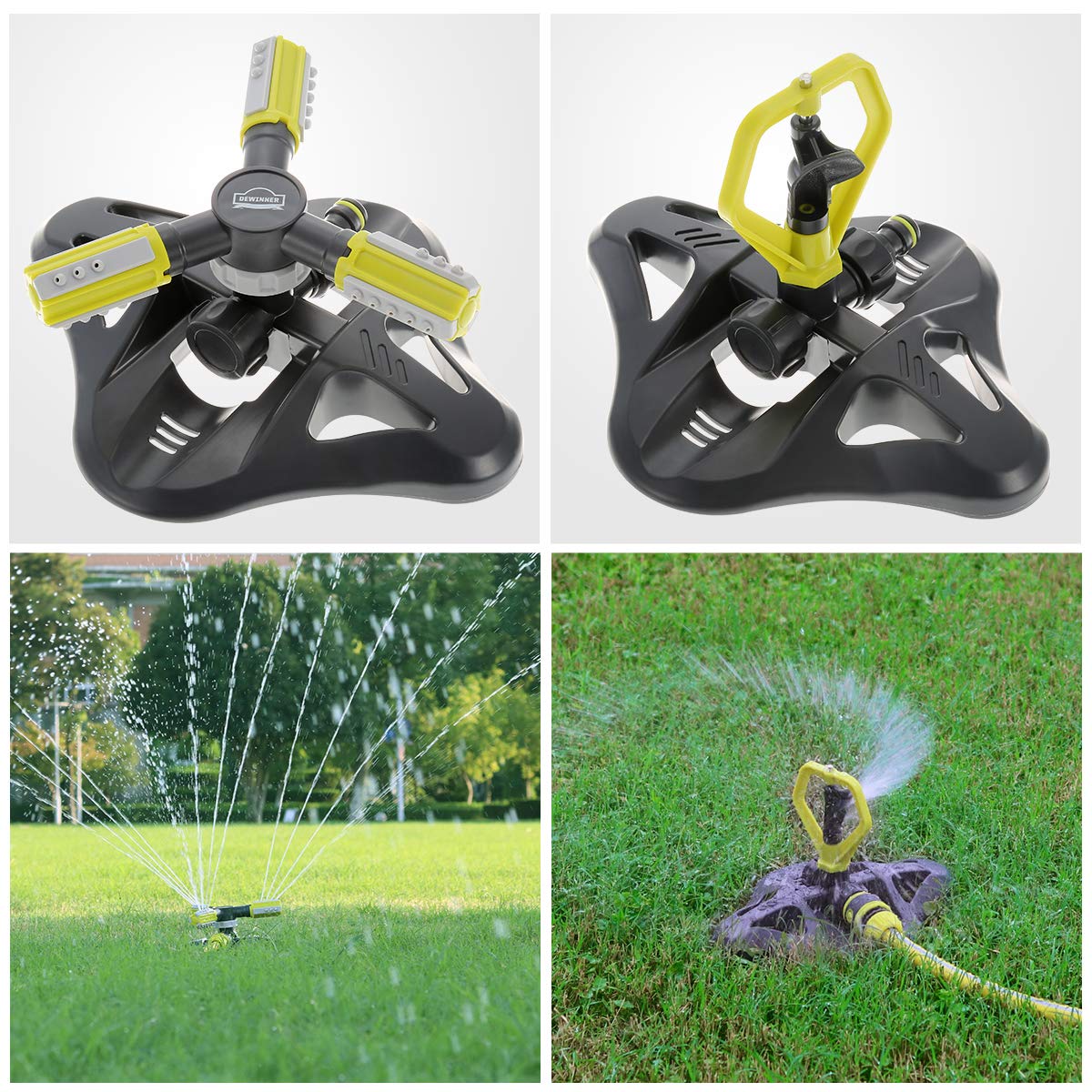 DEWINNER Aspersor de Jardín Automático, Aspersor Giratorio de Césped de 360 °, Suministros de Jardinería Ajustables, Sistema de Riego con Boquilla de 3 Brazos para Equipos