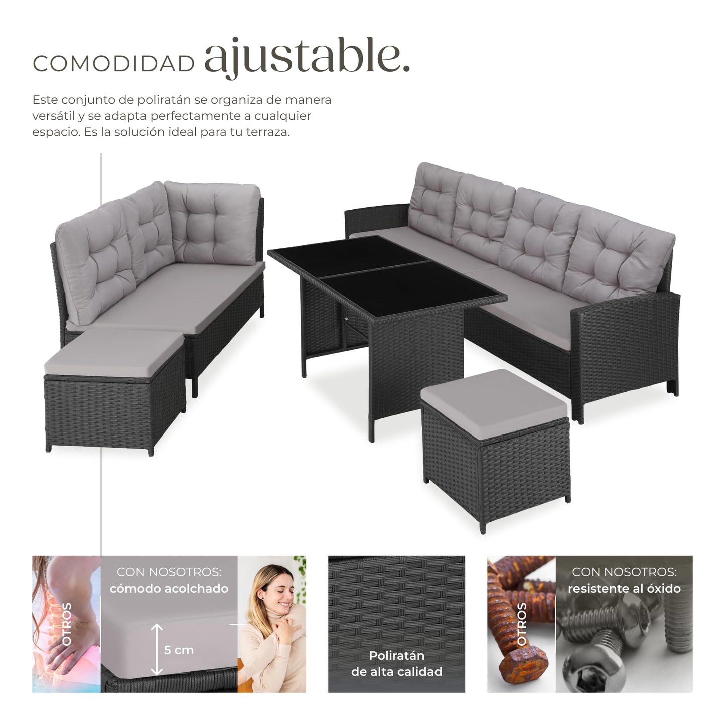 TecTake® Conjunto Jardín de Ratán con Mesa y Cojines, Conjunto Terraza Resistente a la Intemperie y Combinable, Muebles Jardín Exterior 5 Piezas, Sofá de Esquina, 2 Taburetes y 1 Mesa, Acero - Negro