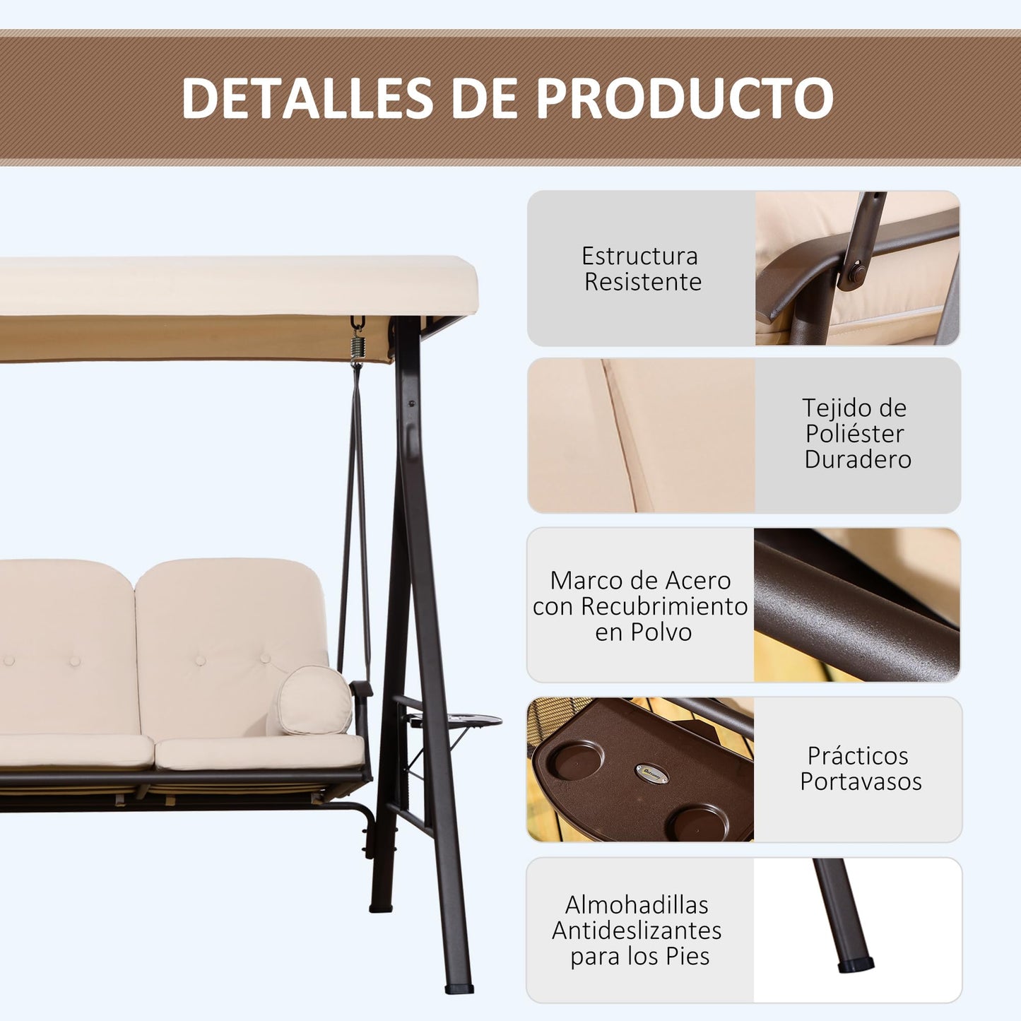 Outsunny Columpio Balancín de Jardín de 3 Plazas con Techo Parasol 2 Cojines Bandeja para Bebidas y Marco de Metal para Terraza Balcón Exterior Carga MAX. 360 kg 207x120,5x174 cm Beige