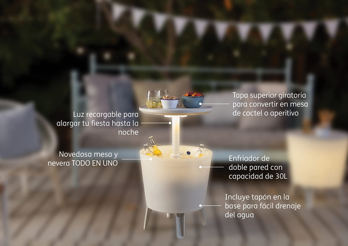 Keter, Cool Bar, Mesa Nevera para Exterior y Jardín iluminada, Color Blanco, Capacidad 30 L, 45 latas, De 52 x 42 x 52 cm