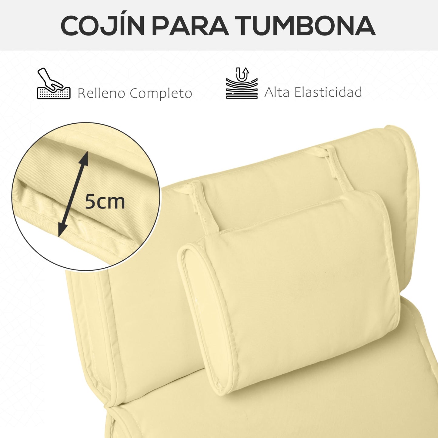 Outsunny Cojín para Tumbona de Exterior 198x53x5 cm Desenfundable y Lavable con Reposacabezas Extraíble Colchoneta Plegable de Algodón para Silla Reclinable de Jardín Crema