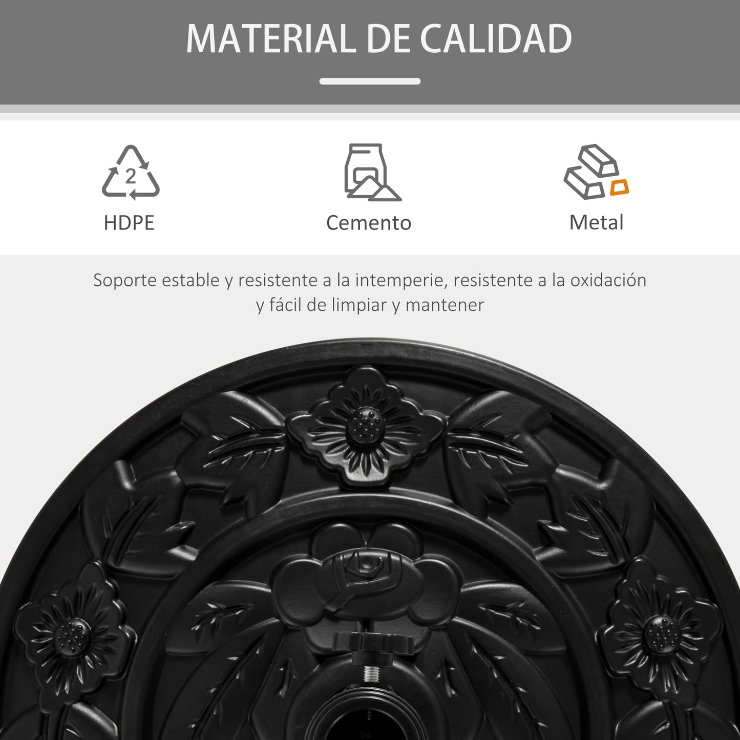 Outsunny Base para Sombrilla Semicircular Peso 9 kg Soporte Parasol de Jardín Apto para Mástil de 35mm/38mm/48mm Relleno de Cemento para Terraza Patio 50x32x32 cm Negro