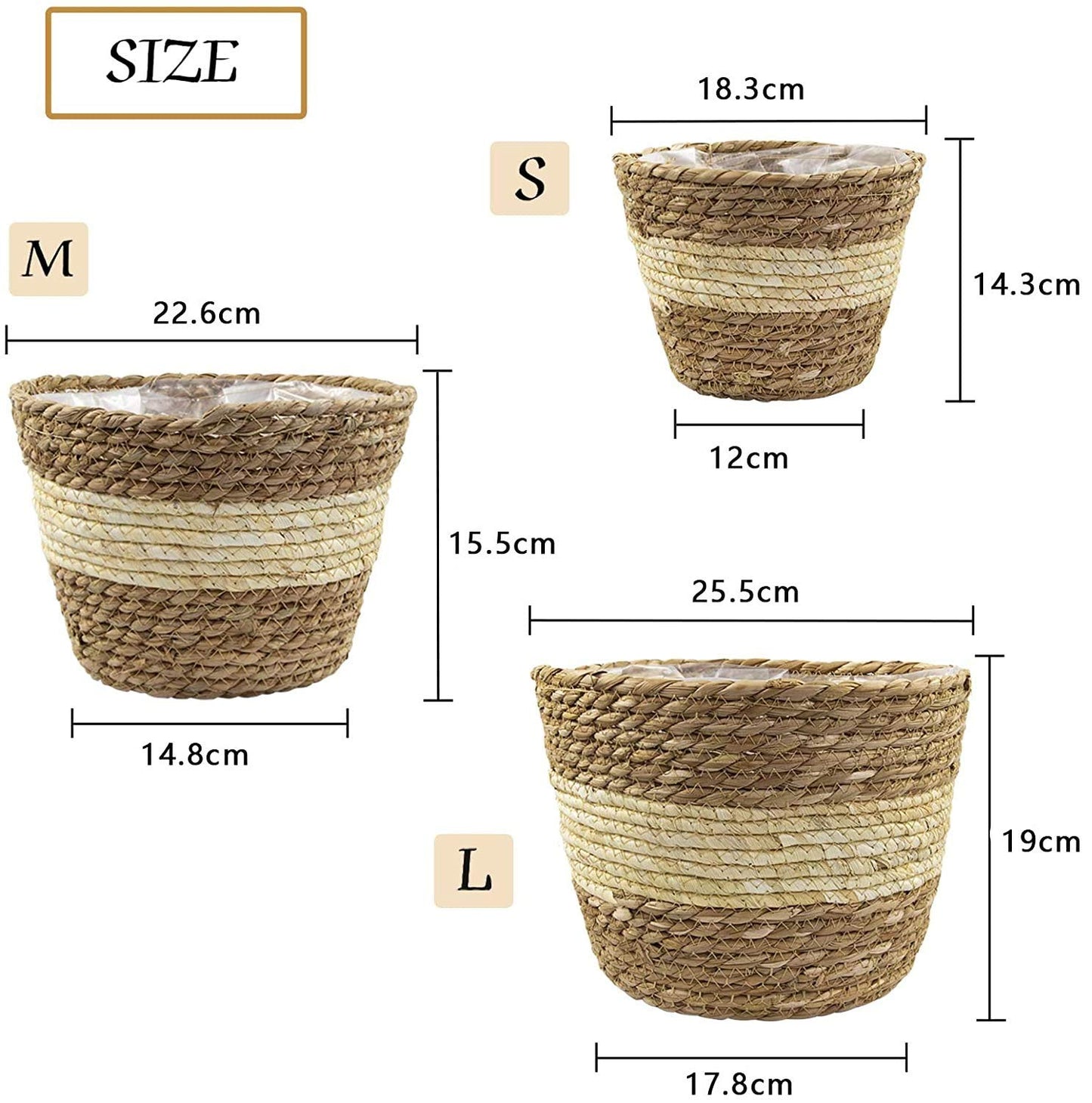 KAHEIGN 3 Piezas Pastos Marinos Cesta De Macetero, 3 Tamaño Tejido Maceta Bajo Techo Exteriores - Macetas Cubrir Cesta De Almacenamiento Contenedores De Plantas para La Decoración del Hogar (Beige)
