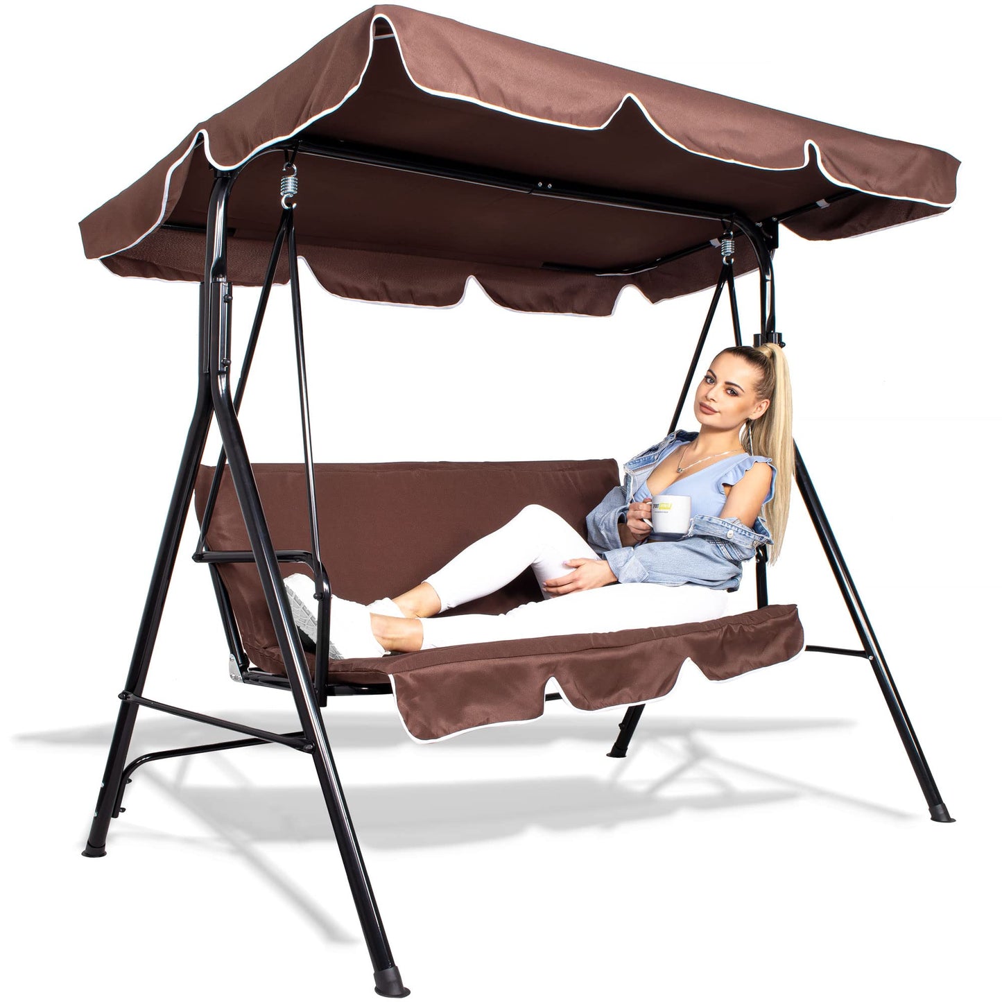 Springos Luna - Columpio de jardín con toldo, banco del columpio para 3 personas, alto x ancho x profundidad: 150 x 170 x 110 cm, color marrón