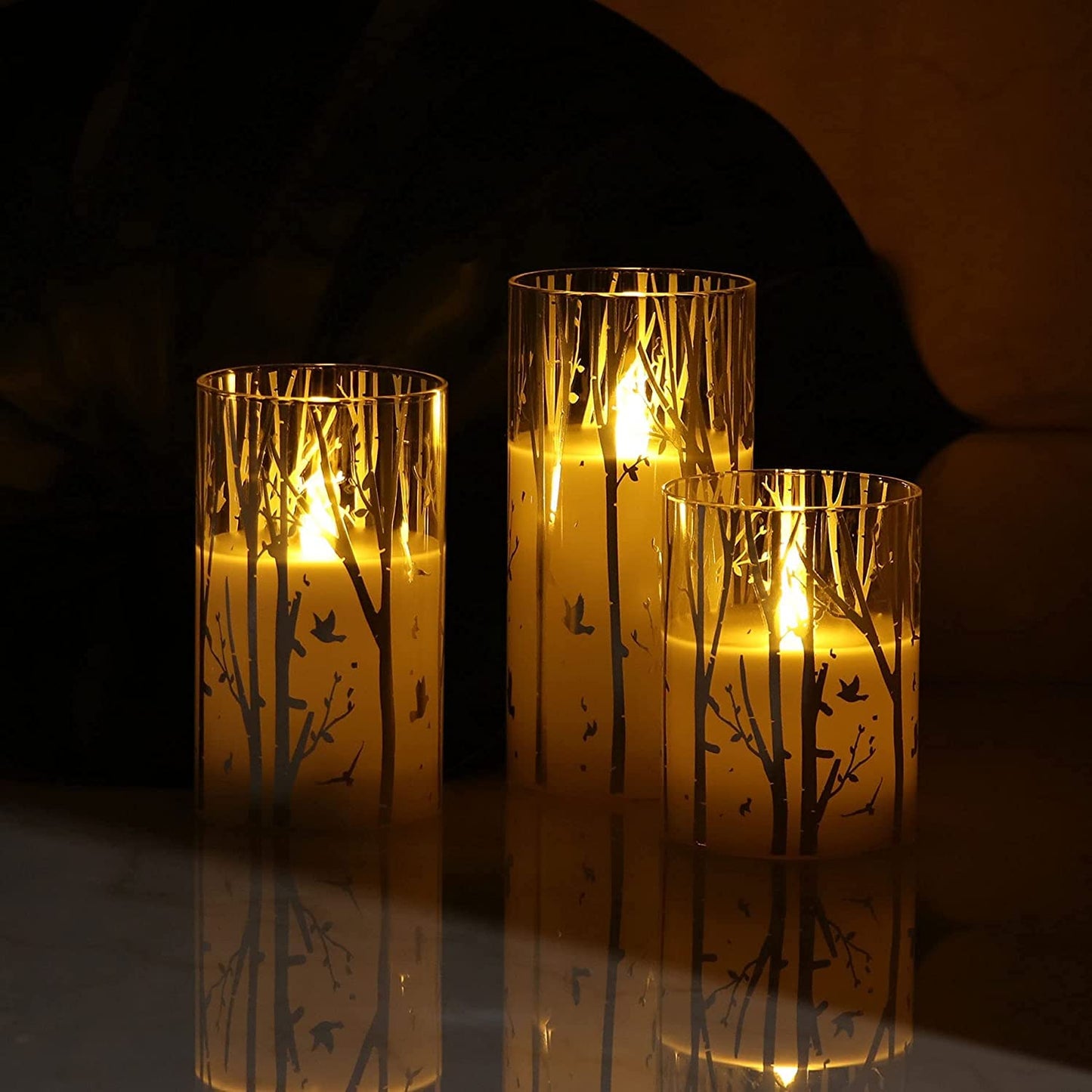 Rhytsing 3 Velas blancas led de Cristal con Mando para Navidad, Velas a Pilas con Temporizador Decorativas Diseño de Abedul, Altura 10cm / 12,5cm / 15cm (Abedul)