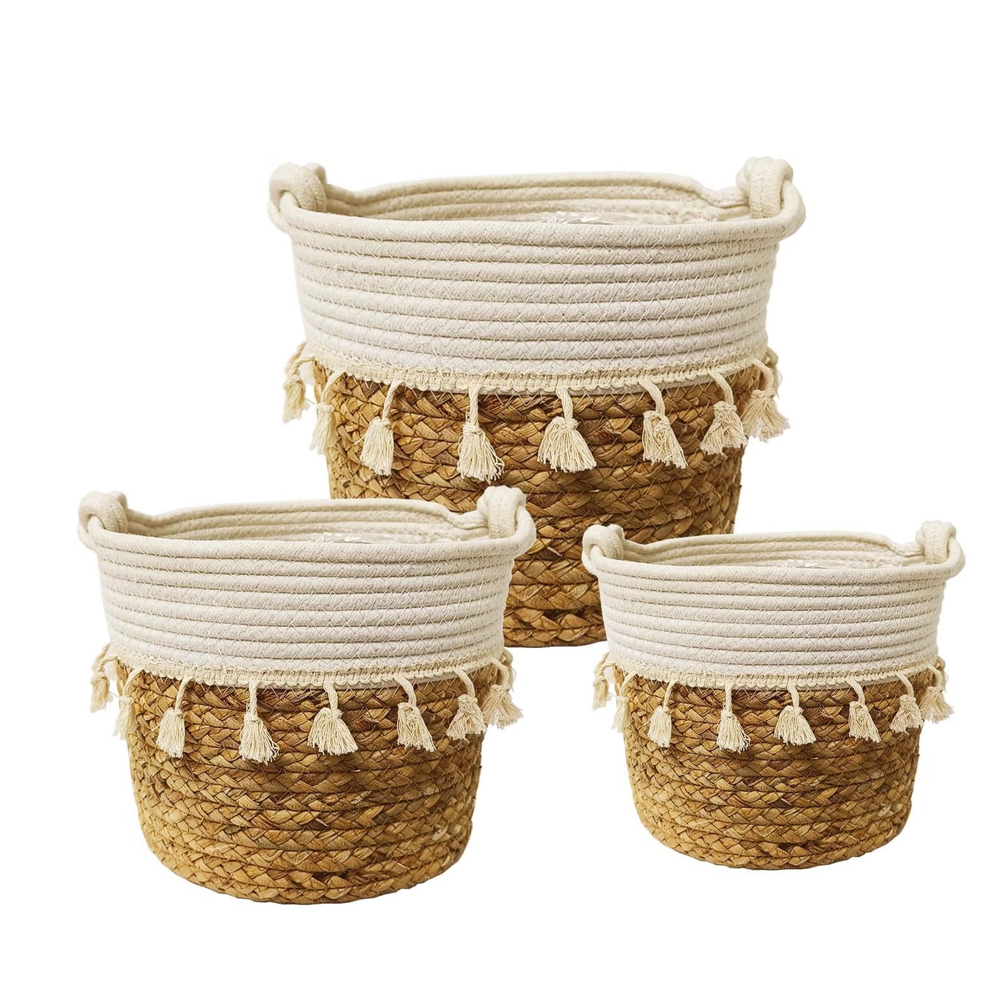 KMERCE 3pcs Cesta para Plantas, Macetero Mimbre, Macetas Decorativas Interior y Exterior, Cesto de jardín Seagrass con Asas, Cesta de Almacenamiento, Diámetro18cm,22cm,26cm