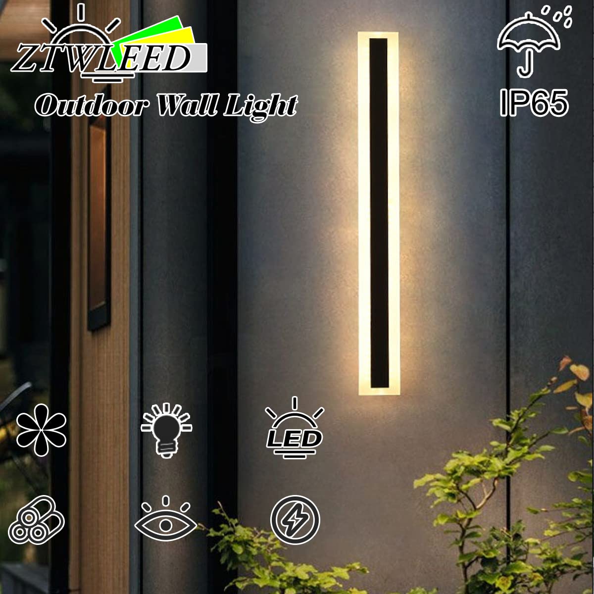 ZTWLEED Lámpara de Pared Larga Villa Apliques de Pared Negra,8W 40CM Aplique Pared Exterior,Aplique de Pared Exterior LED Impermeables IP65,Blanco Cálido 3000K AC220V para Balcón Jardín Villa