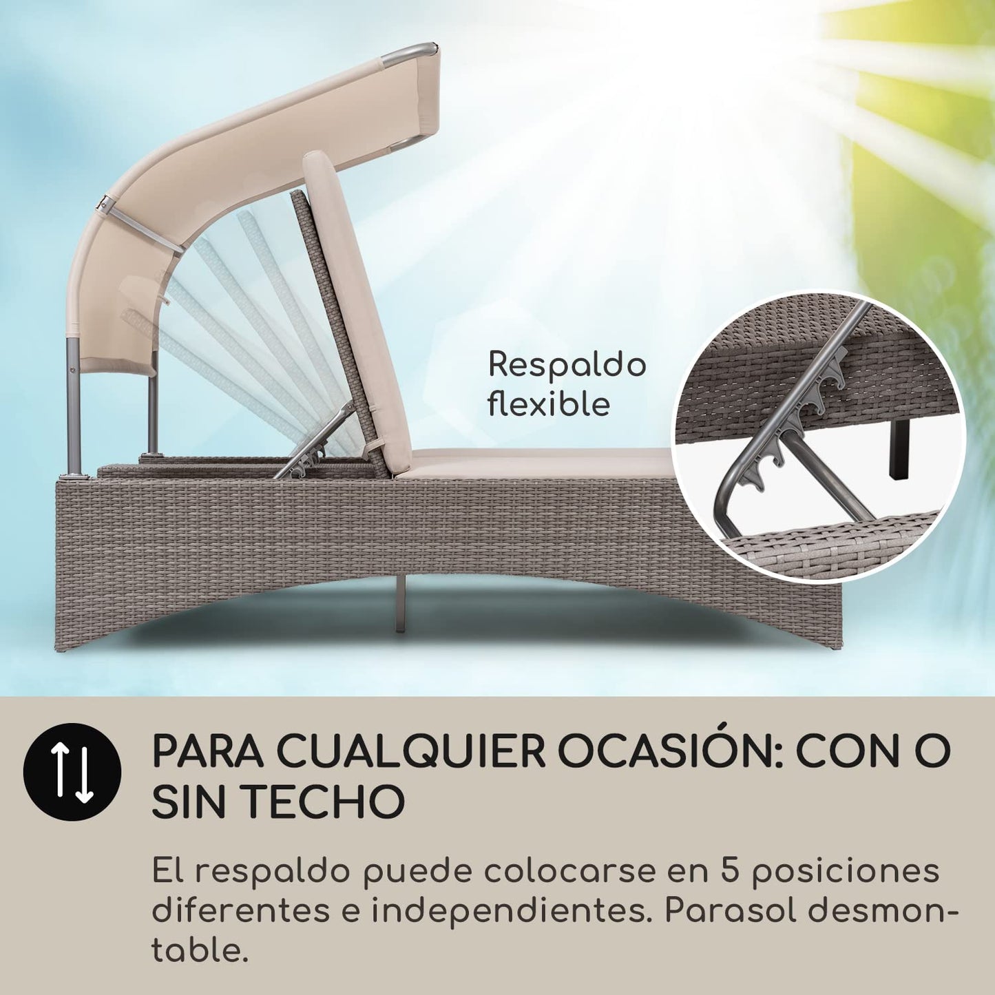 blumfeldt Cama/Tumbonas Jardin Exterior, Tumbona Doble de Ratán con Techo Solar Impermeable, para Piscina 2 Plazas, Sofá Ratán, Hamacas Respaldo Ajustable