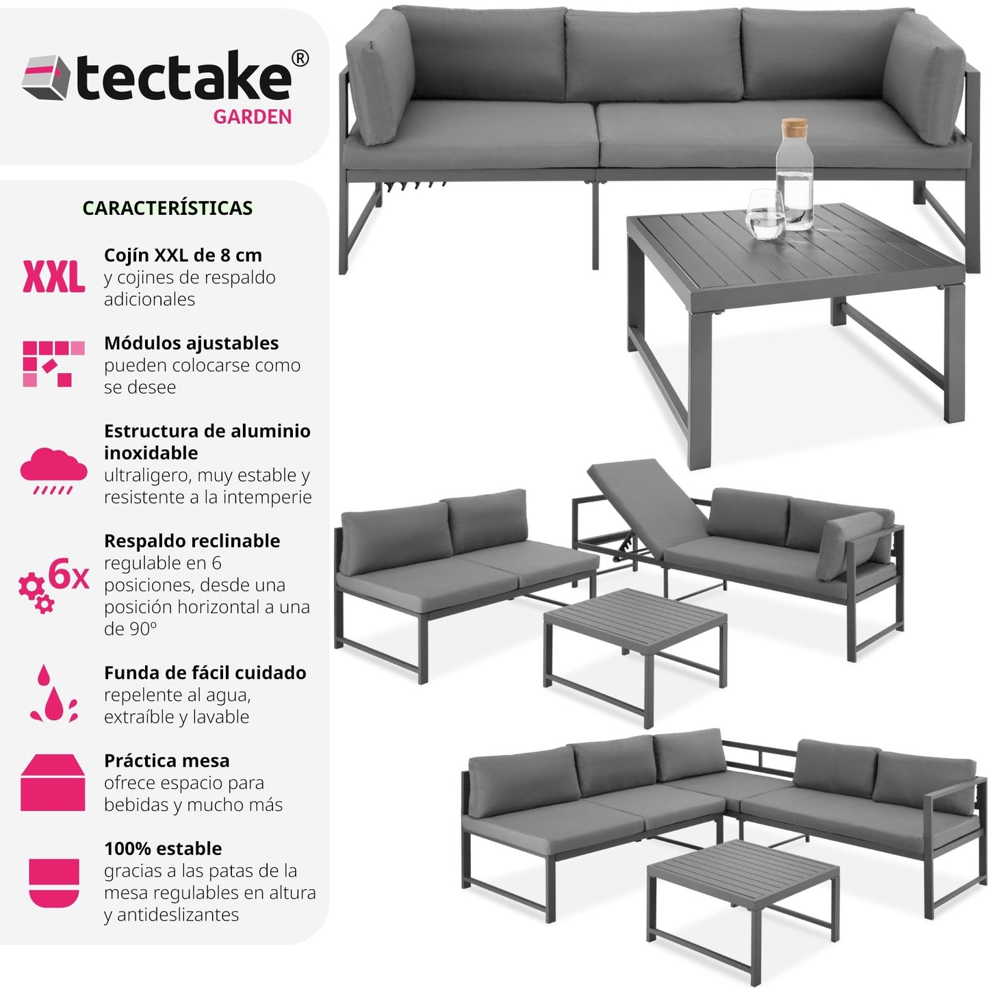 tectake® Conjunto Muebles Jardín Exterior Agrupables, 2 Sofás Reclinables con Cojines y 1 Mesa, Mesa y Sillas Terraza Impermeables y Resistentes a Intemperie, Estructura de Aluminio - Mesa con Láminas