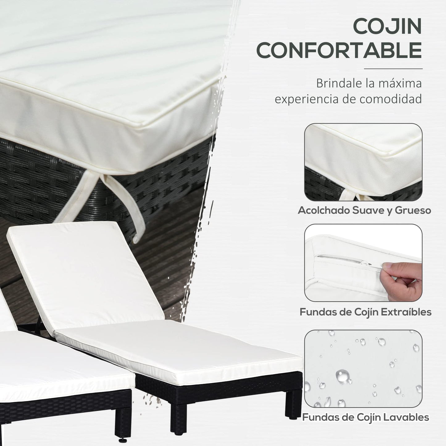 Outsunny Set de 2 Tumbonas de Ratán Chaise Longue con Cojines Acolchados Cubierta Impermeable Silla para Exterior Jardín Patio Terraza