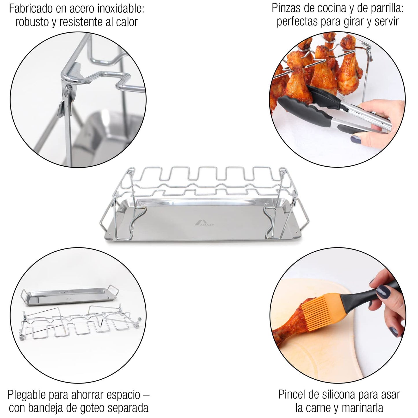 Amazy Soporte para Muslos de Pollo Incl. Bandeja + Pincel + Pinzas | Soporte para Pollo de Acero Inoxidable – para Muslos y alitas de Pollo uniformemente cocinados en Barbacoa o Horno
