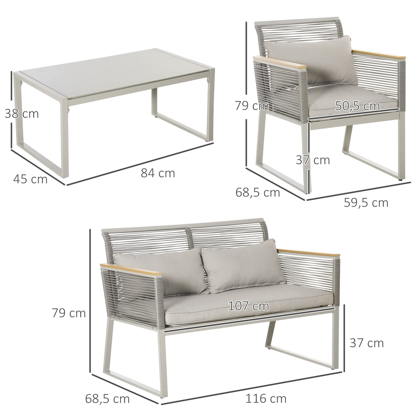 Outsunny Conjunto de Muebles de Jardín de Ratán 4 Piezas Sofá Doble 2 Sillones Individuales y Mesa de Café de Vidrio con Cojines Desenfundables para Exterior Terraza Gris