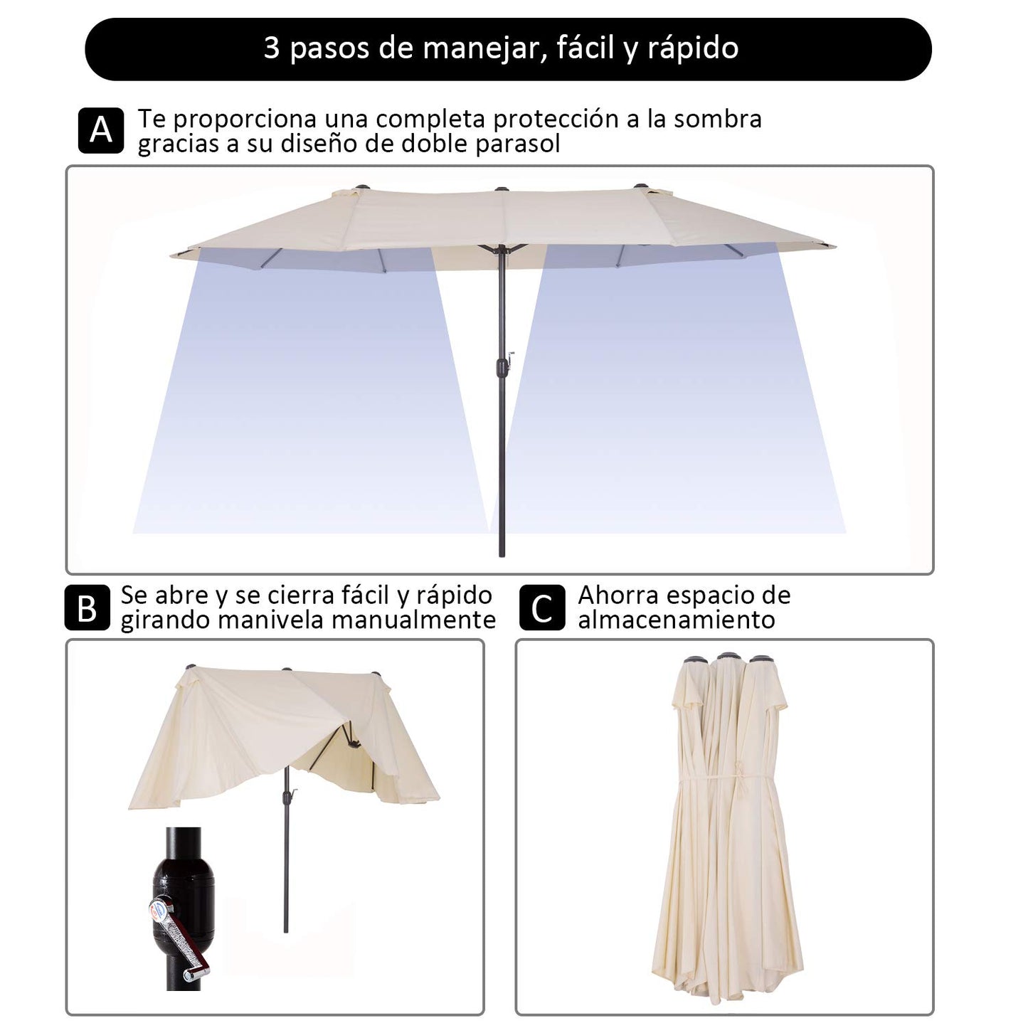 Outsunny Sombrilla Parasol Doble para Jardín Sombrilla Gigantede para Playa Carpas Toldos de Terraza Tela de Poliéster Protección Solar UV 4.6x2.7x2.4m Crema