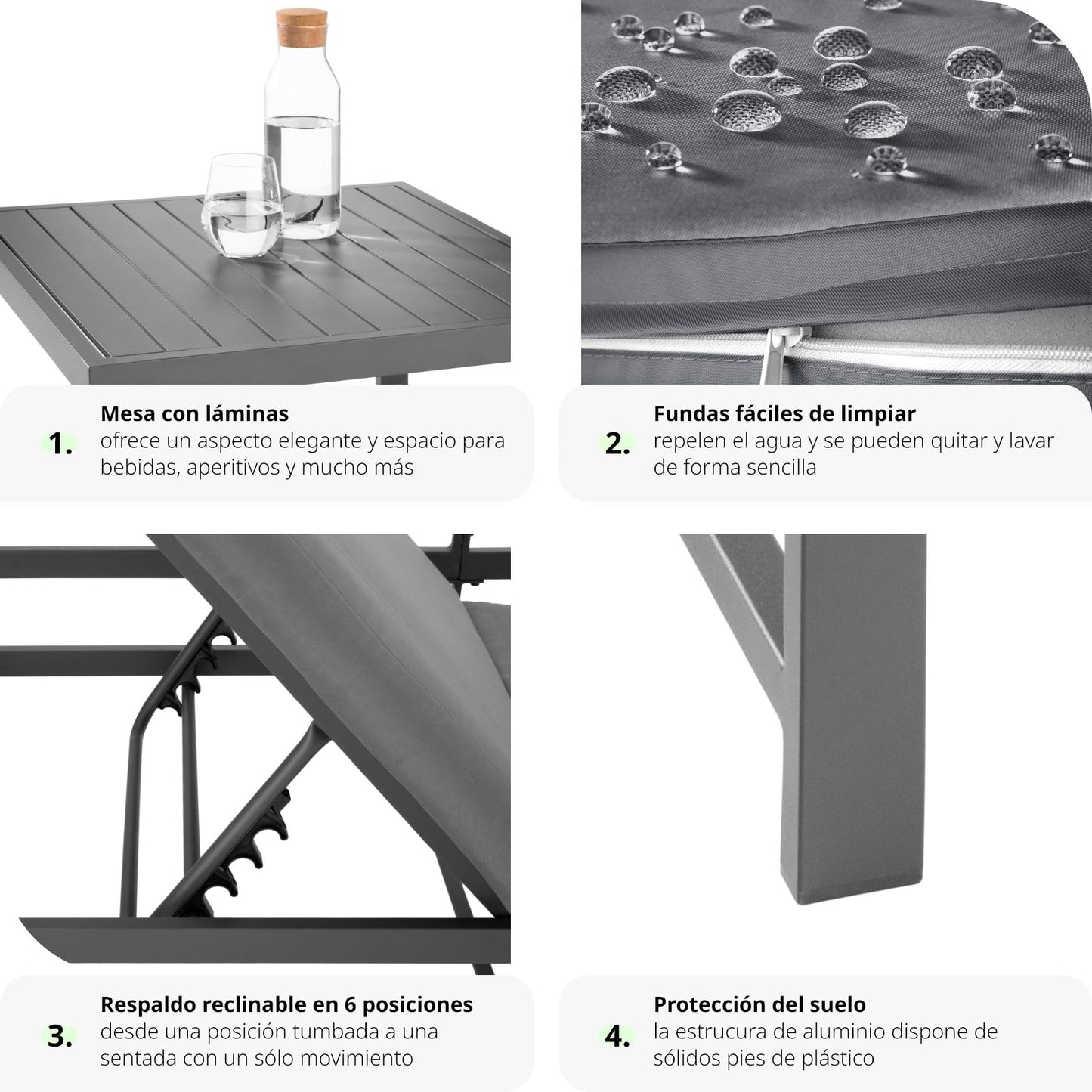 tectake® Conjunto Muebles Jardín Exterior Agrupables, 2 Sofás Reclinables con Cojines y 1 Mesa, Mesa y Sillas Terraza Impermeables y Resistentes a Intemperie, Estructura de Aluminio - Mesa con Láminas