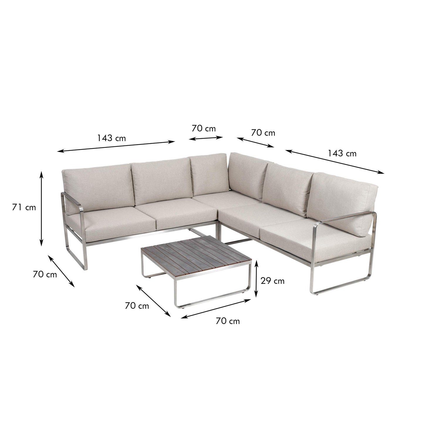 Greemotion Conjunto Muebles de Jardín Sydney 4 Piezas, Juego de Sofá Esquinero de Acero Inoxidable Cepillado para 5 Personas con Mesa, Cojines Incluidos, Plateado