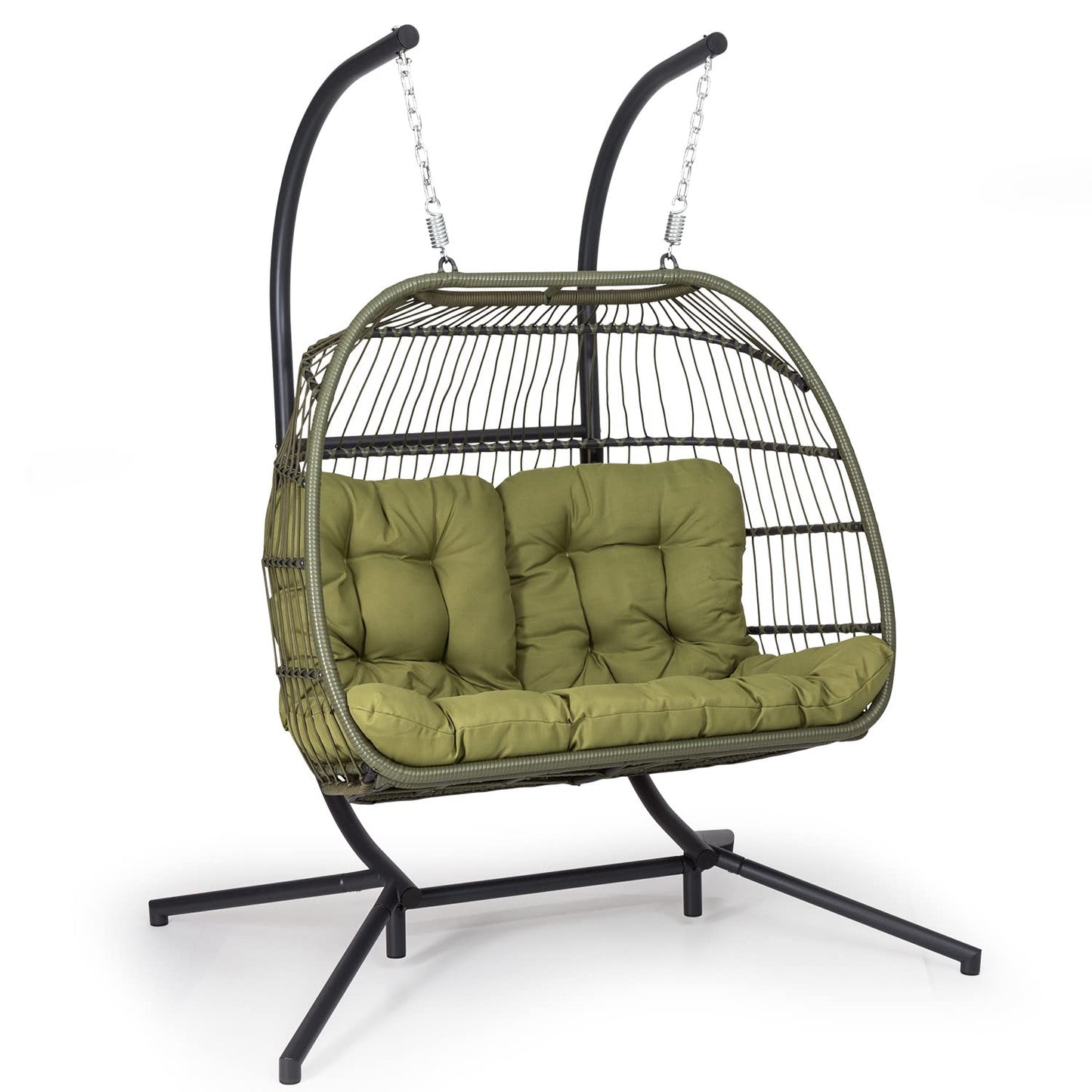Blumfeldt Columpio Jardin Exterior Doble, Silla Colgante con Soporte para Colgar con Base para Jardín Patio y Dormitorio, Hamaca Colgante con 2 Cojines, Balancin Jardin Exterior Mimbre Resistente