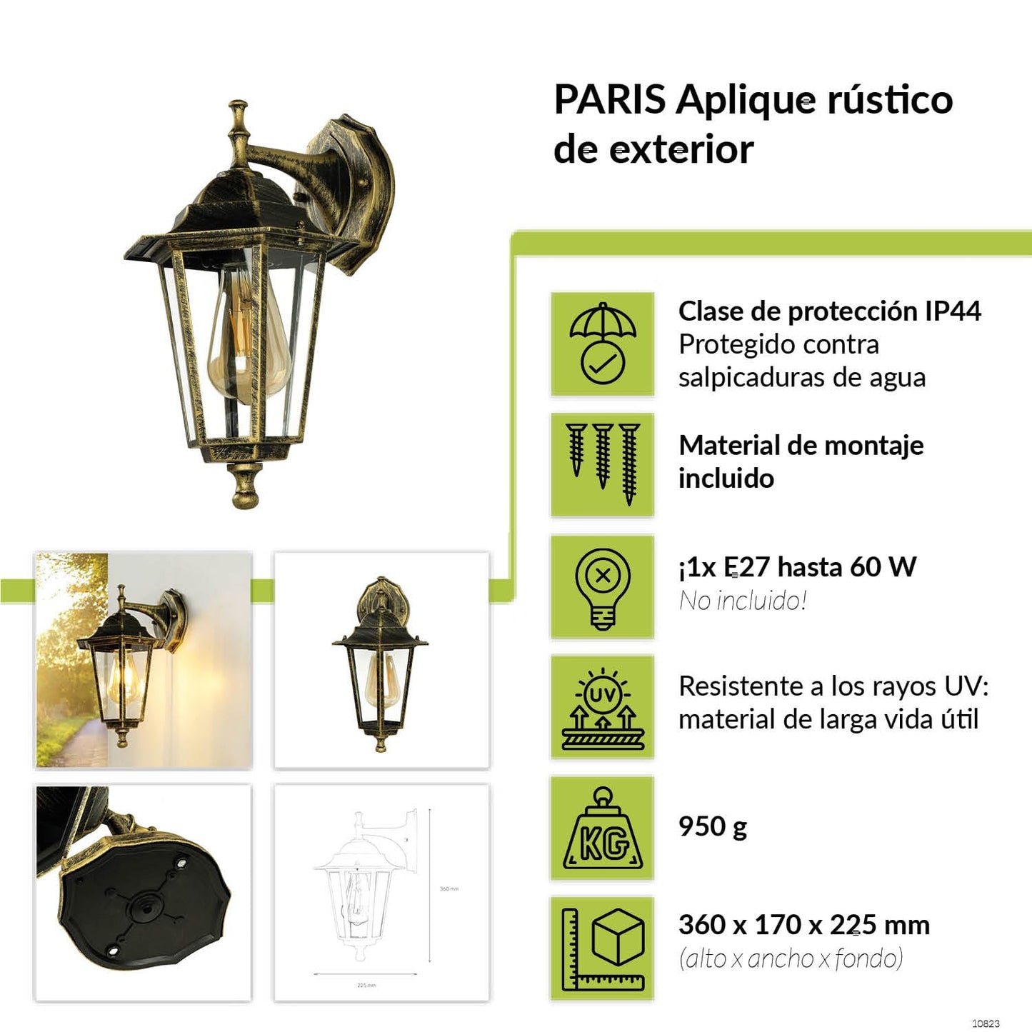 Licht-Erlebnisse Lámpara de pared exterior de vidrio y aluminio en oro antiguo, IP44, para casa y balcón, 36 cm de altura, E27, farol antiguo rústico, PARIS