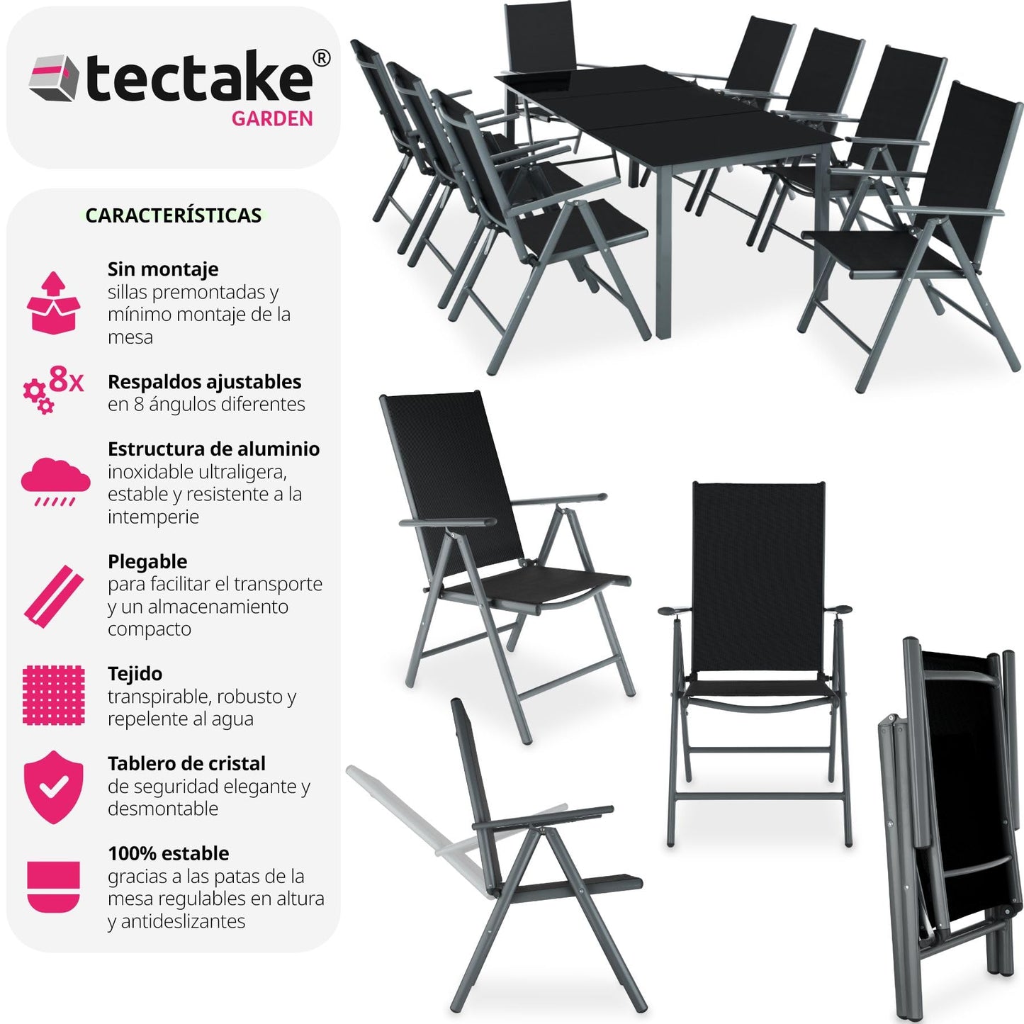 TecTake® Conjunto Muebles Jardín Exterior 9 Piezas, Estructura de Aluminio, Mesa y Sillas Terraza Impermeables, Resistentes a Intemperie, Sillas Plegables y Reclinables, Tela Transpirable - Plata